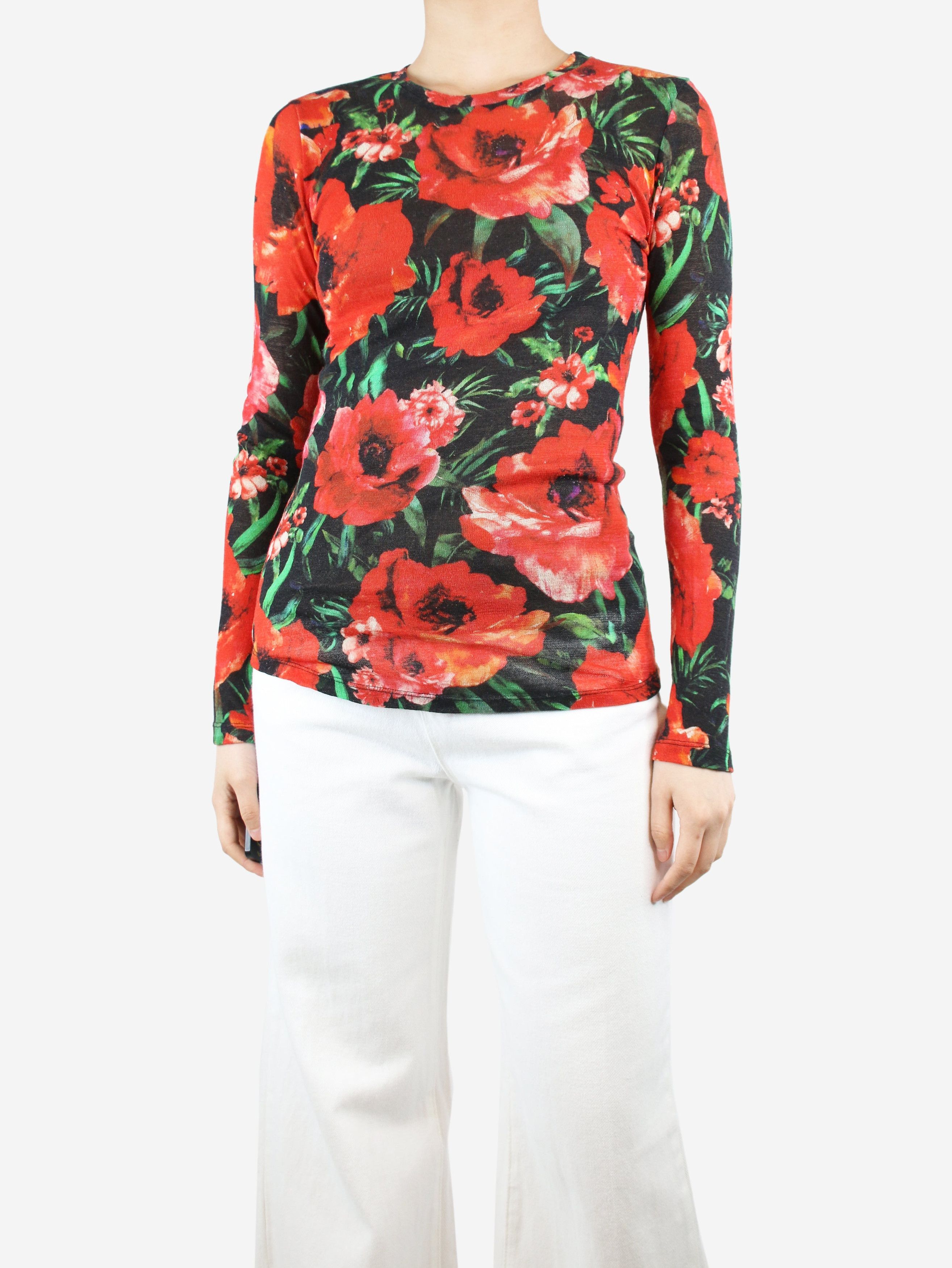 image of Balmain Red And Black Floral Printed Top - Size Uk 10, Women's