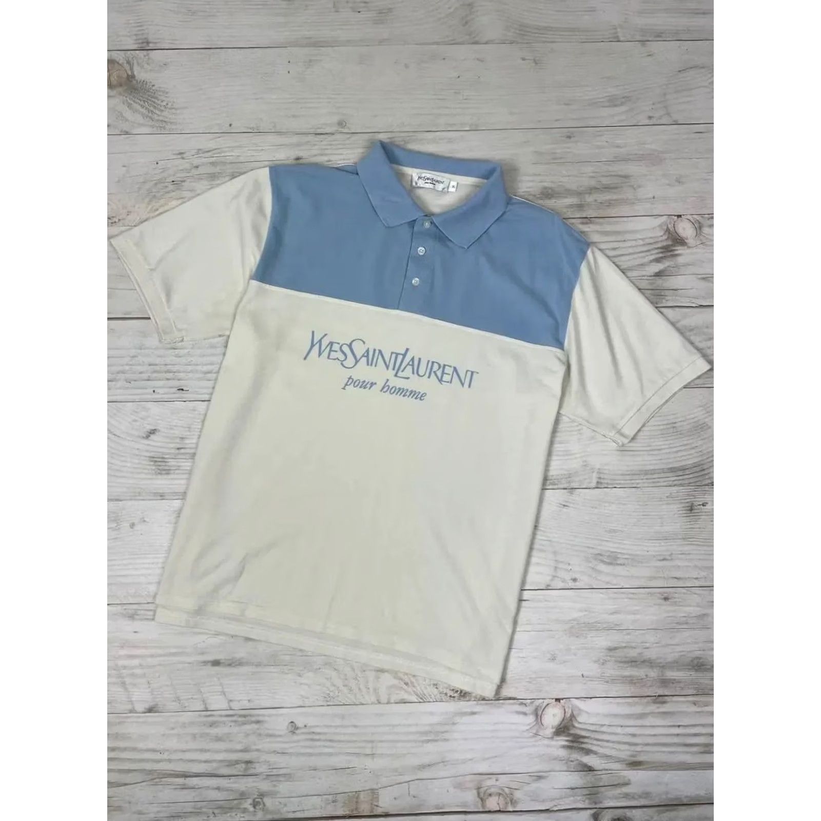 Yves Saint Laurent VINTAGE Saint Laurent Polo Shirt Big Logo YSL Luxury Men XL White Blue Shirt Short Sleeve Polo Size US XL / EU 56 / 4 - 2 Thumbnail