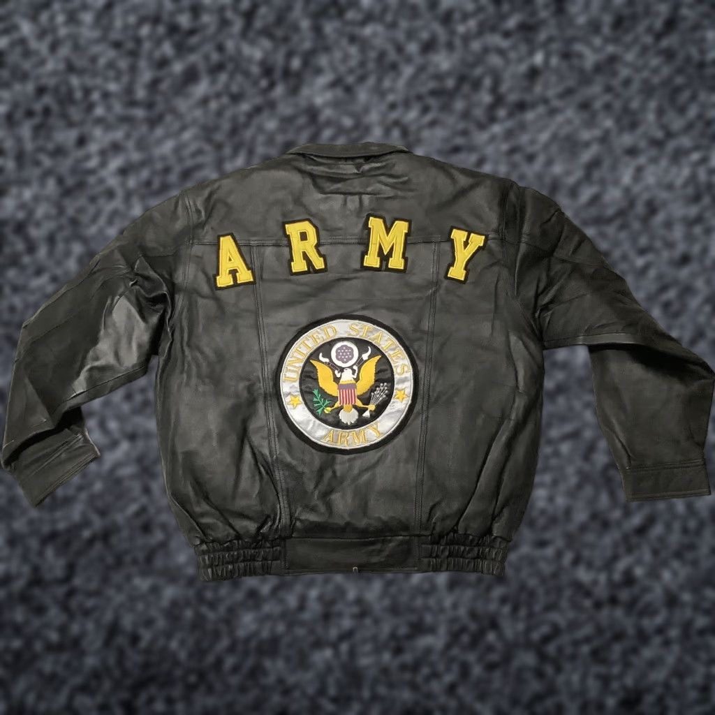 Vintage Ferugini Bomber Jacket Mens Small Black Genuine Leather Back Patch US Army Embroidered Zipper Full Zip Lined Pockets Elastic Waist Army USA Theme Size US S / EU 44-46 / 1 - 1 Thumbnail