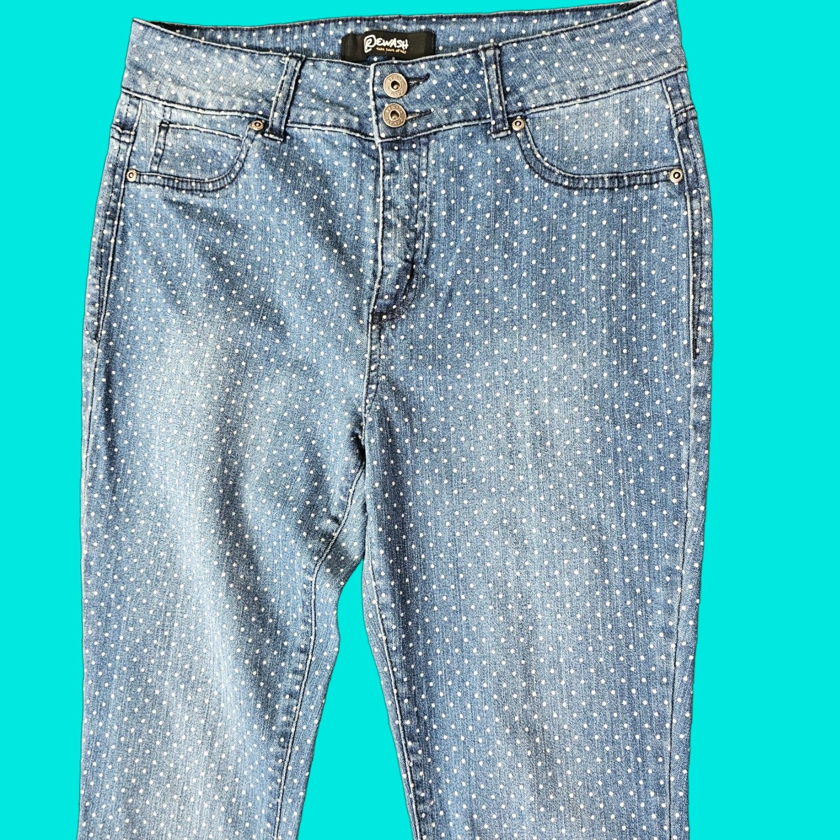 Vintage Rewash Jeans Women 12 Blue Polka Dot 5-Pocket Mid Rise Straight Denim Size 34" / US 12 / IT 48 - 1 Thumbnail