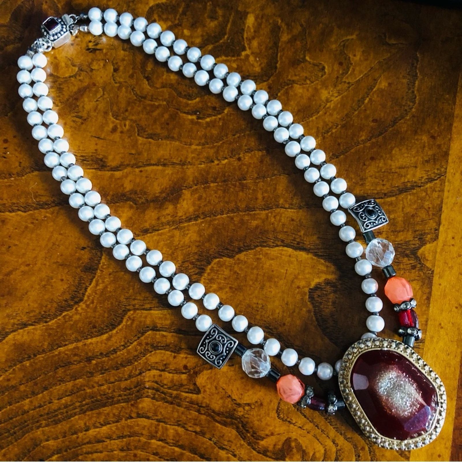 Handmade Handcrafted beaded Czech glass Pearl genuine ruby necklace Size ONE SIZE - 7 Thumbnail