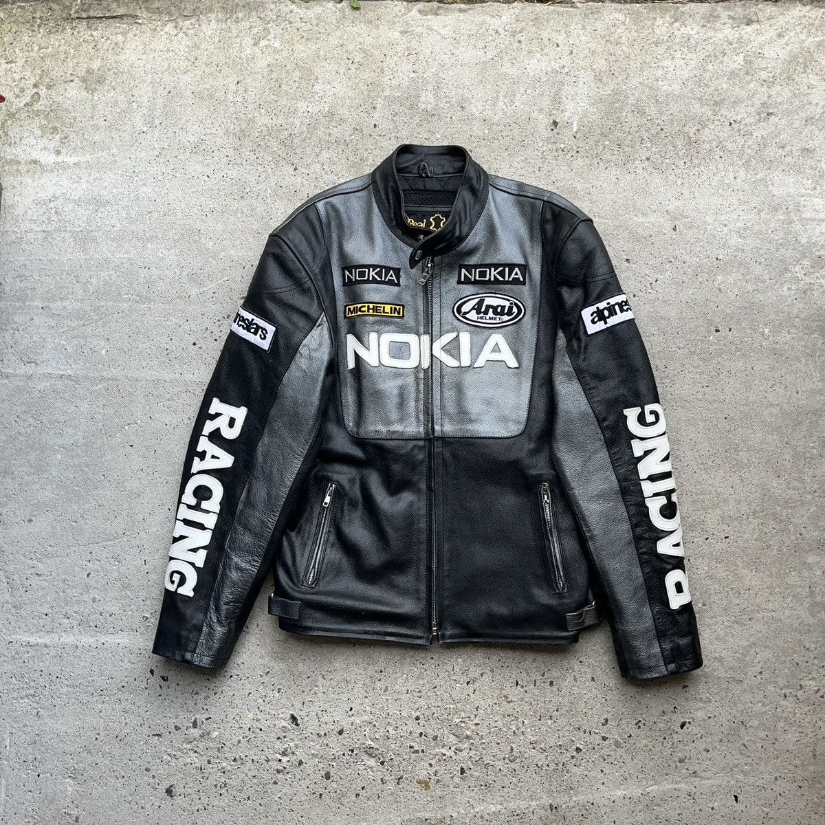 image of Nokia Phone Leather Racing Jacket Vintage Motor Bike in Black, Men's (Size Medium)