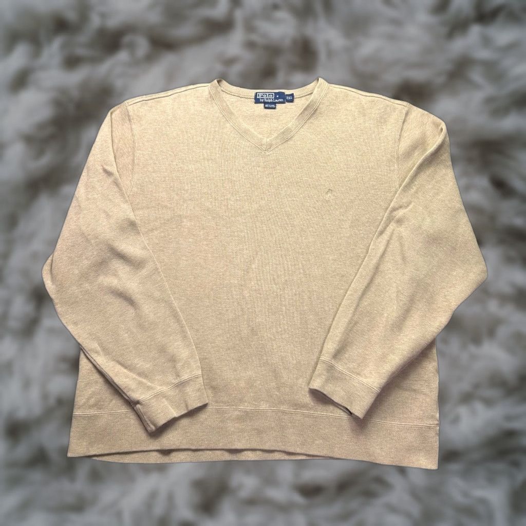 Polo Ralph Lauren VINTAGE Polo Ralph Lauren V Neck Sweater Mens 2XL Tan Cotton Knit Pullover Logo Classic Size US XXL / EU 58 / 5 - 1 Thumbnail
