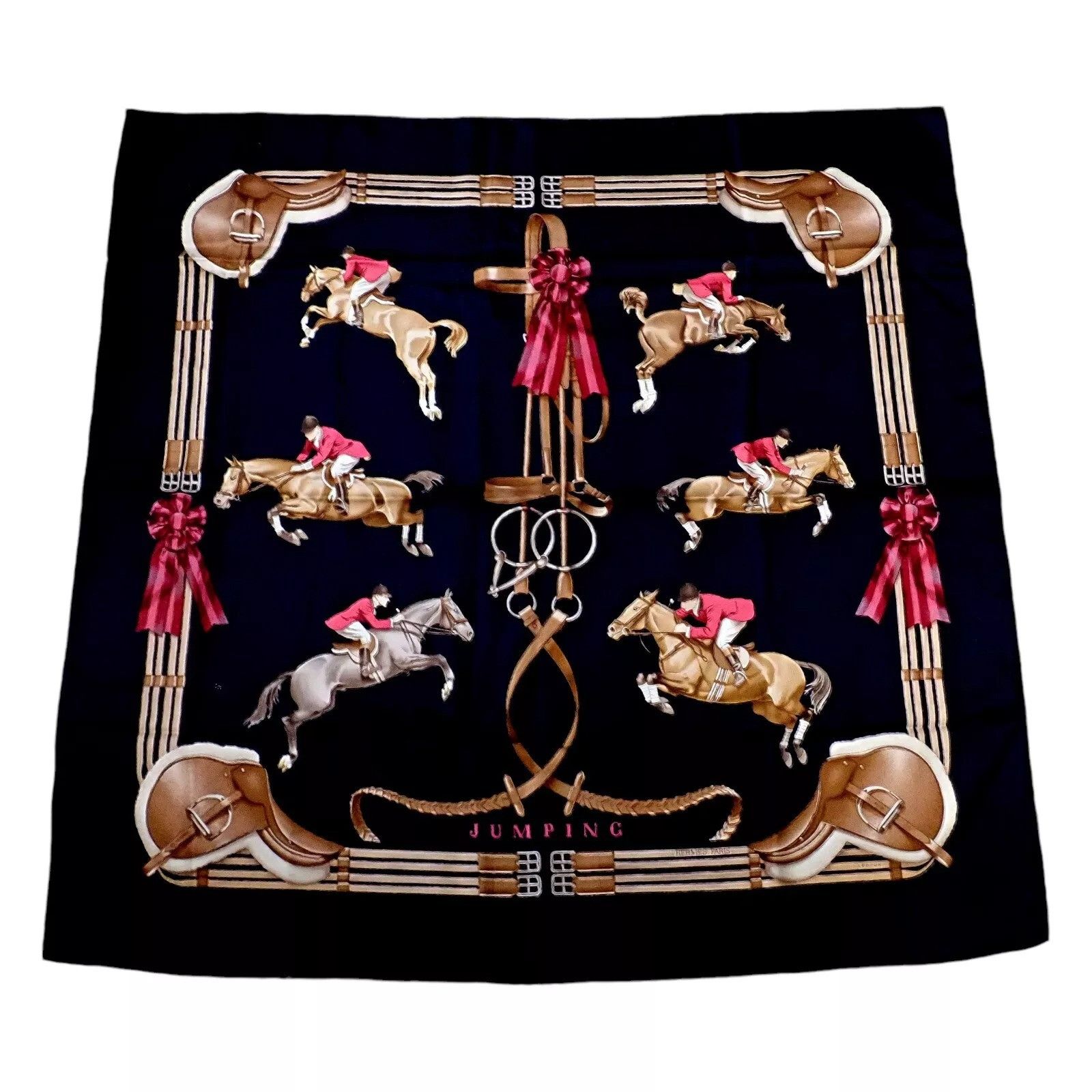 Hermes Hermes Navy Blue Jumping Equestrian Vintage 90cm Silk Scarf Size ONE SIZE - 1 Thumbnail