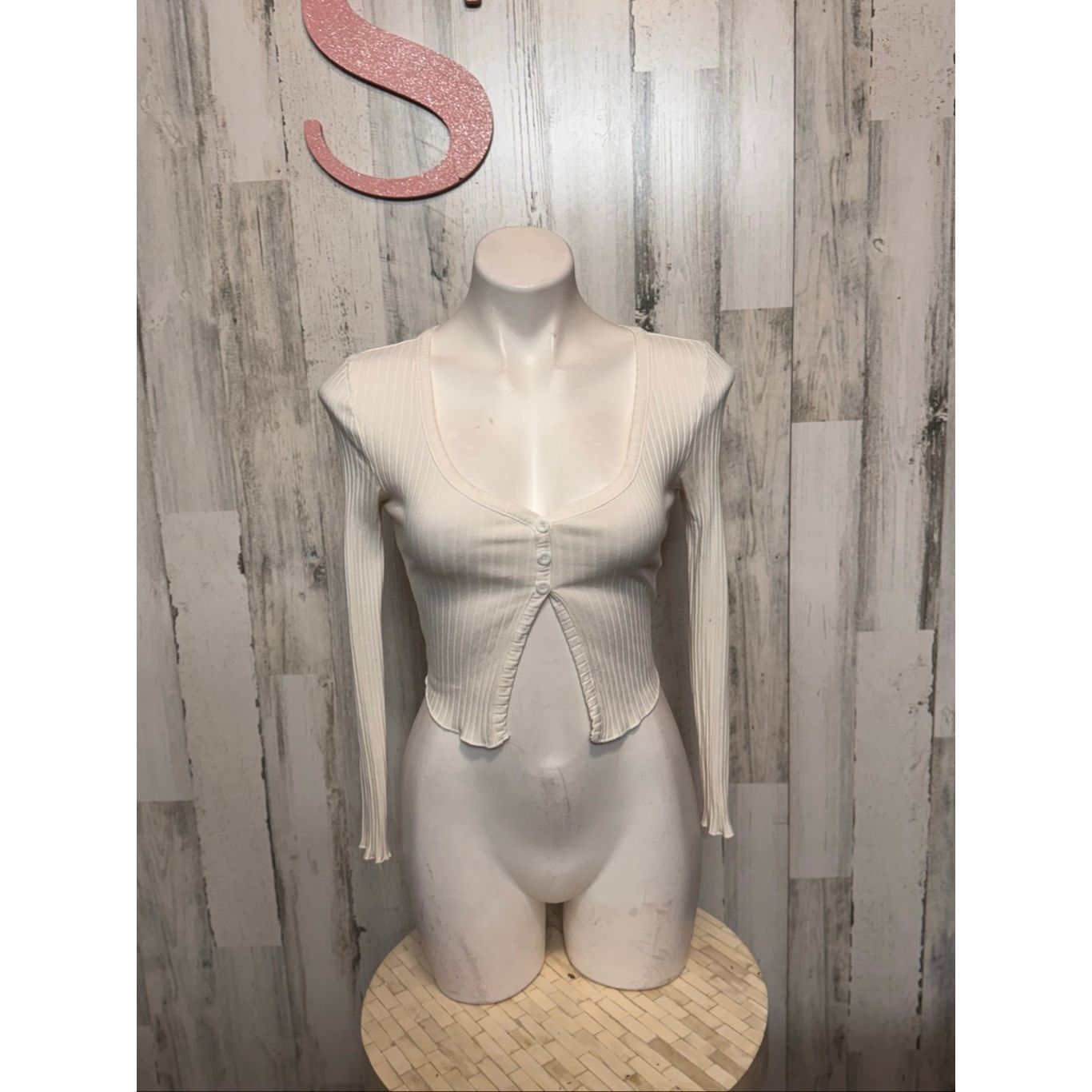 Other White Ribbed Button Front Long Sleeve Crop Top Size S Size S / US 4 / IT 40 - 6 Thumbnail