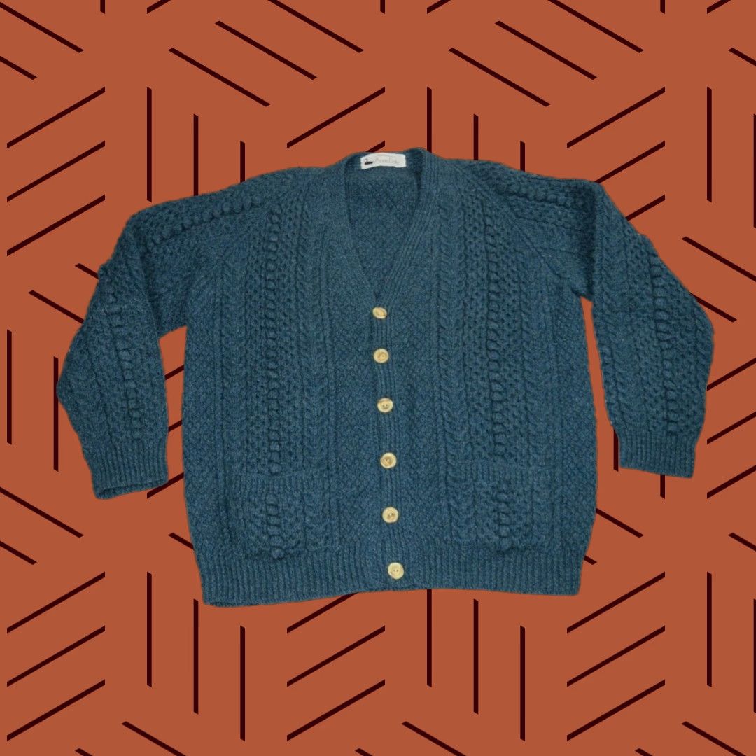 Annex VINTAGE Anne Daly Ireland Cardigan Blue Teal 2XL Wool Chunky-Knit Buttoned Women’s Knit Sweater 90s Ireland Theme Women's Size 2XL Blue Teal Cardigan Size XXL / US 16-18 / IT 52-54 - 1 Thumbnail