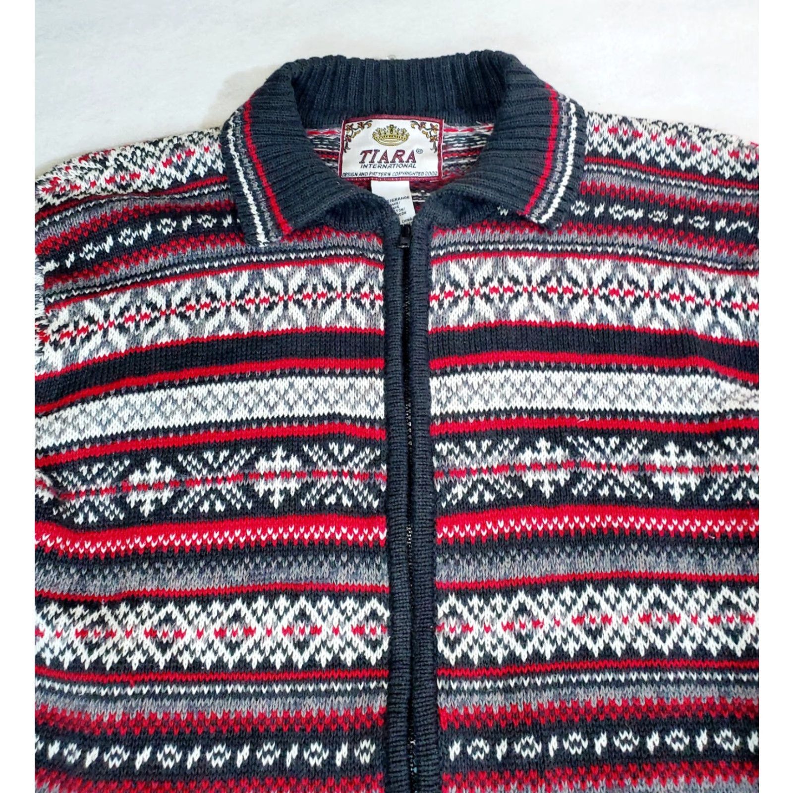 Vintage VINTAGE Tiara International Red/Black Striped Zip Cardigan Sweater Womens Large Size L / US 10 / IT 46 - 2 Thumbnail