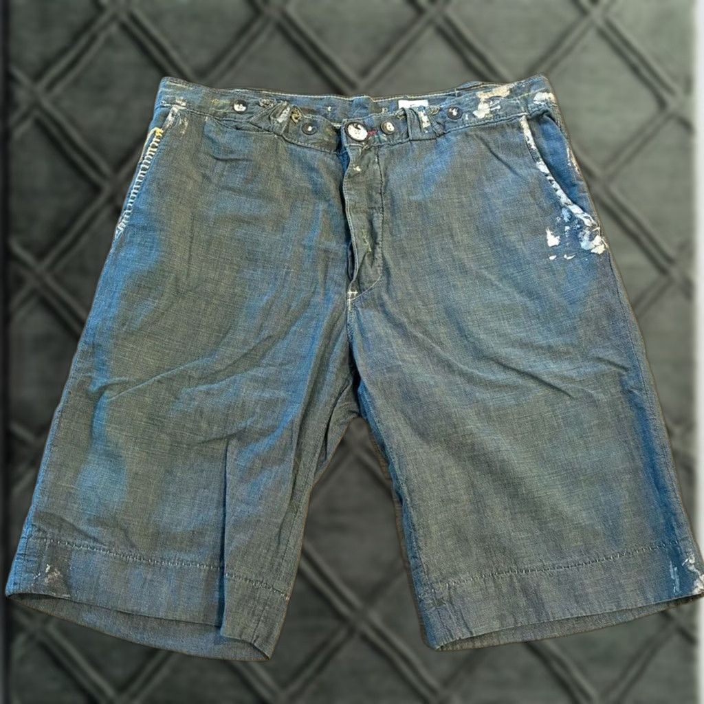 Denime Rogan Bermuda Shorts 11” Size 34 Chambray Denim Distressed Contrast Stitch Men Blue Size US 34 / EU 50 - 1 Thumbnail