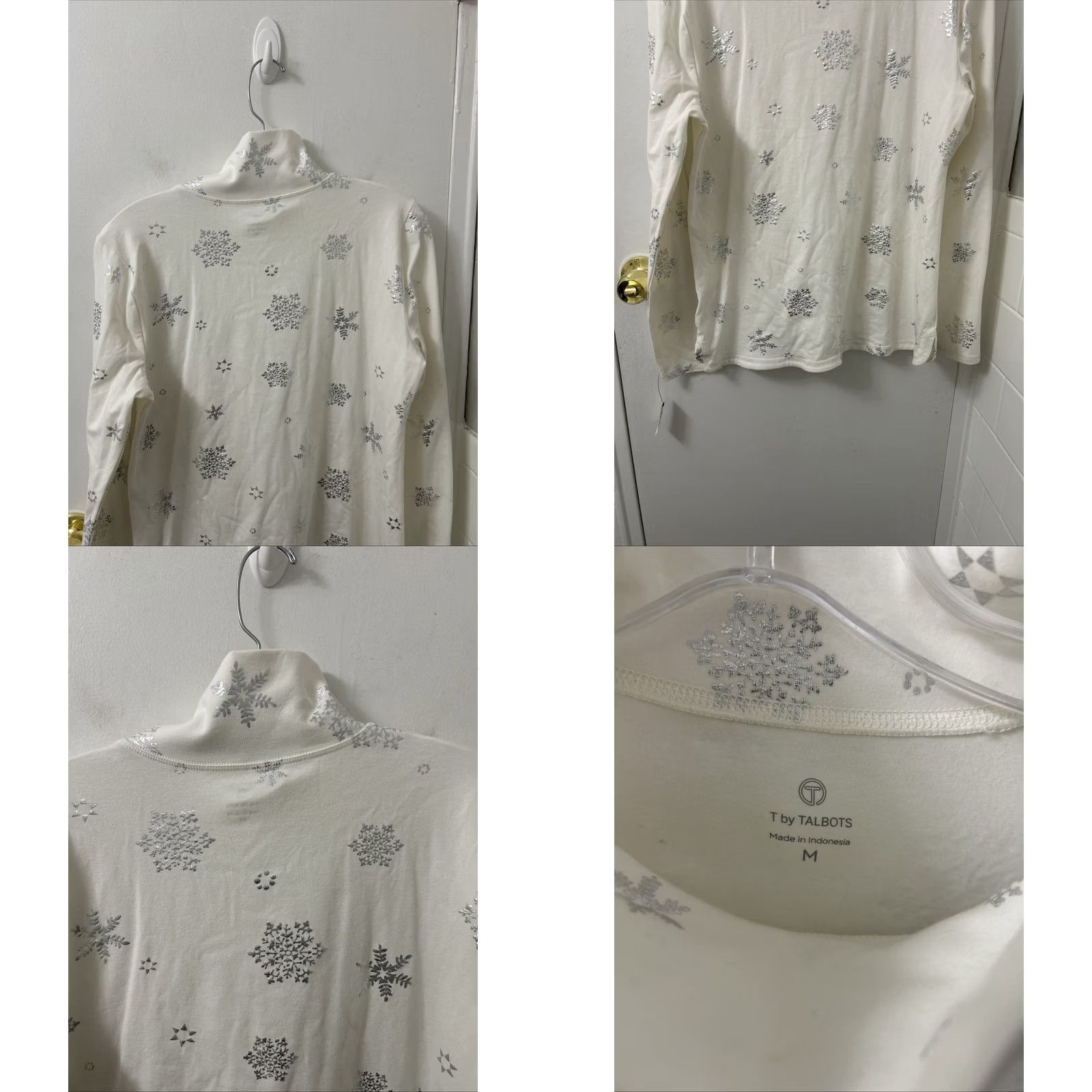 Talbots T by Talbots Top Womens M Ivory Silver Snowflake Button Mock Neck Sweatshirt NWT Size M / US 6-8 / IT 42-44 - 8 Thumbnail