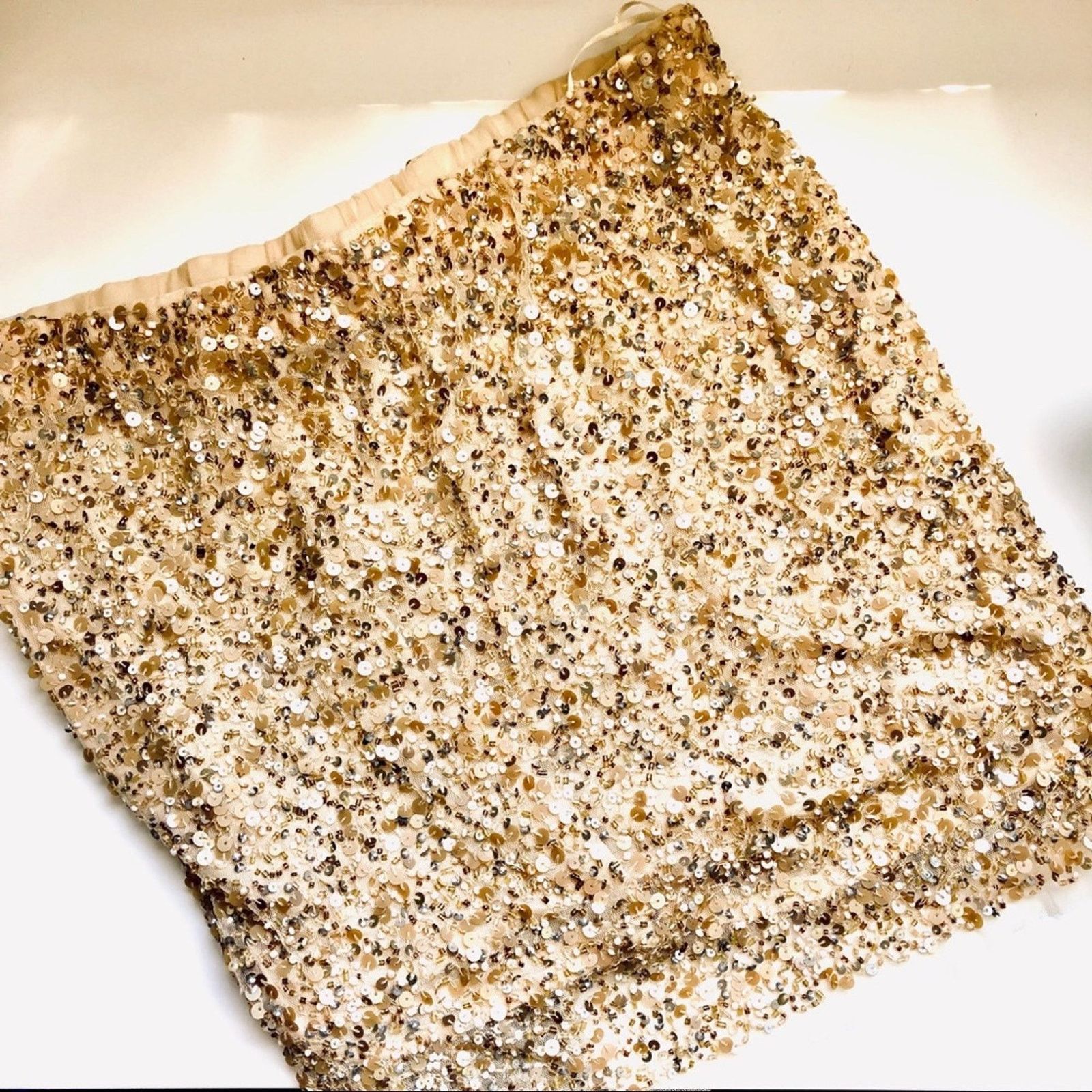ZARA Gold Tan Cream Sequin Sparkle Beaded Mesh Mini Skirt
