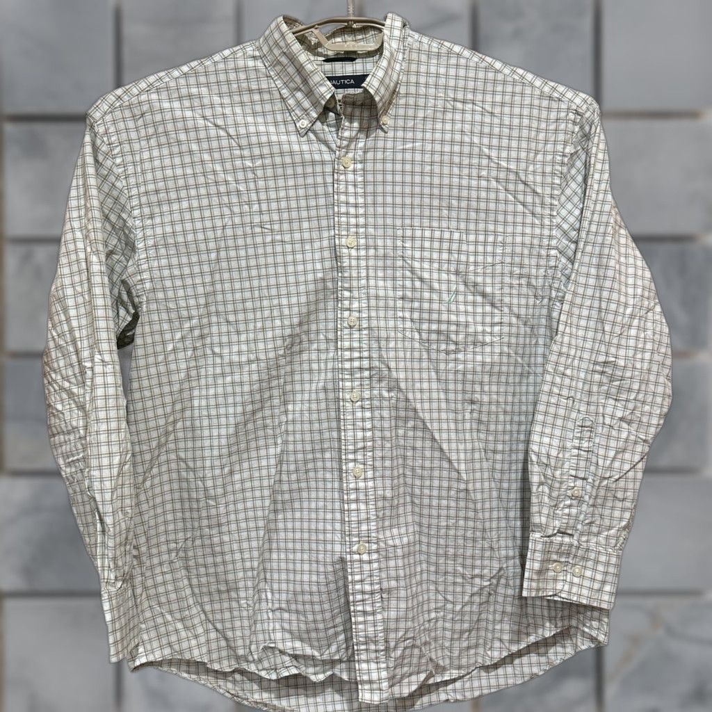 Nautica VINTAGE Nautica Button-Up Shirt Plaid XL Men White Brown Blue 100% Cotton Two Ply Preppy 90s Retro Classic Fit Long Sleeve Casual Business Mens Size US XL / EU 56 / 4 - 1 Thumbnail