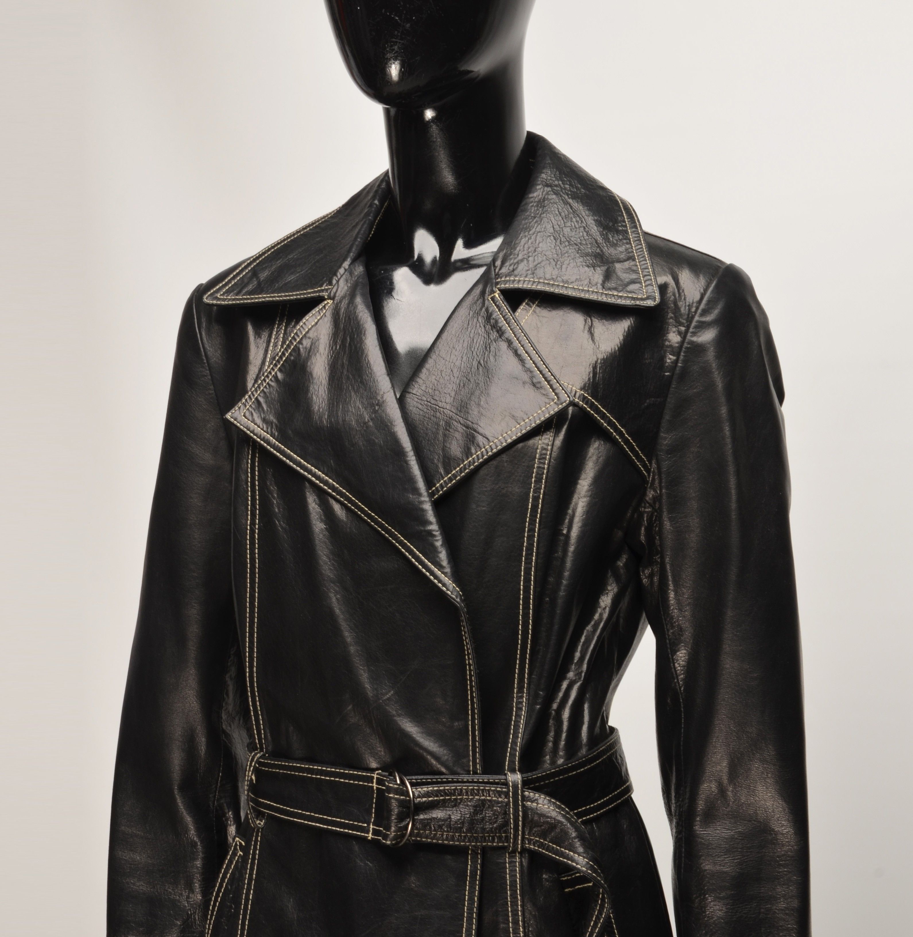 Leonard Paris Vintage Leonardo 90's Black Leather Tiger Lining Trench Coat Size XS / US 0-2 / IT 36-38 - 4 Thumbnail