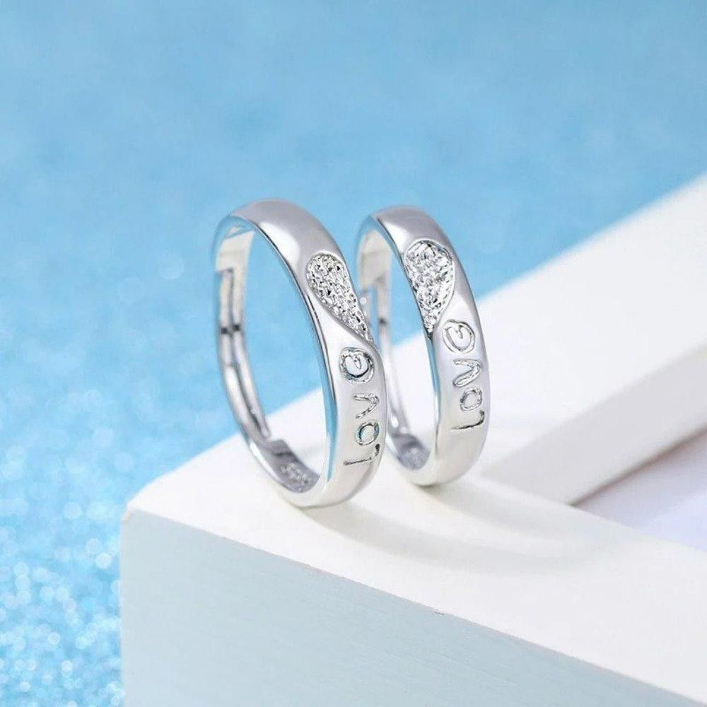 Designer 2pcs Sterling Silver Matching Heart Love Open Couple Rings Size ONE SIZE - 9 Thumbnail