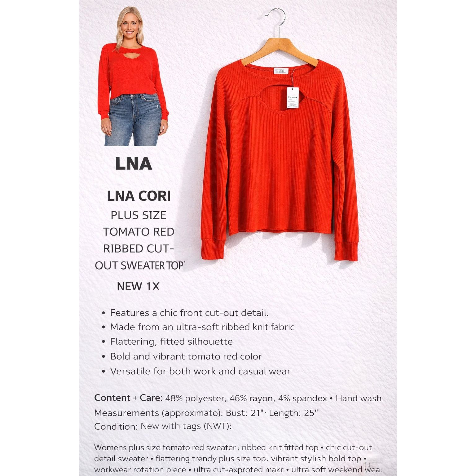 Other LNA Cori Ribbed Cutout Sweater Top Red Long Sleeve 1X NWT Size XL / US 12-14 / IT 48-50 - 1 Thumbnail
