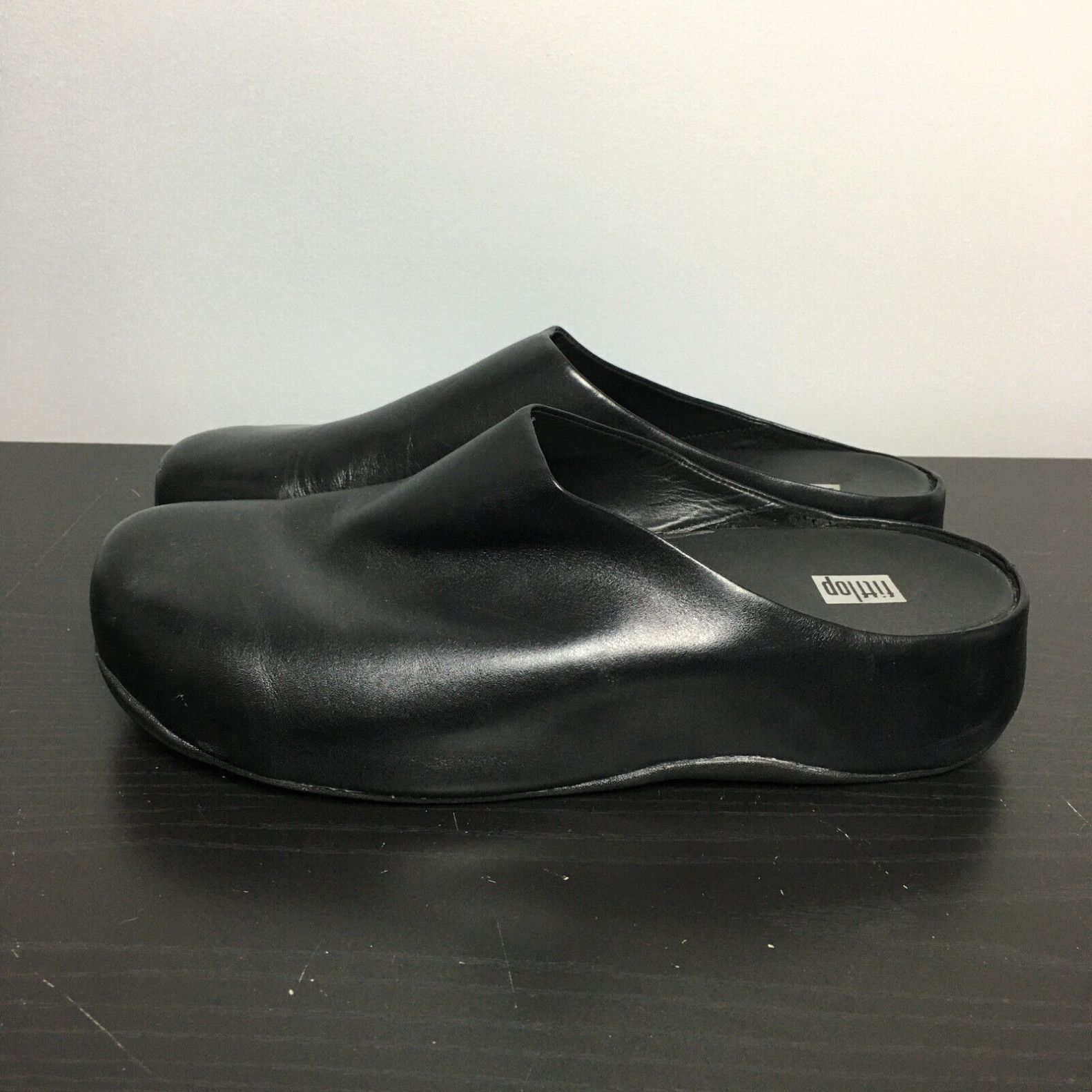 image of Vintage Fitflop Shoes Womens 11 Shuv Leather Clog Sandals Black Slip Ons Slides Comfort in White