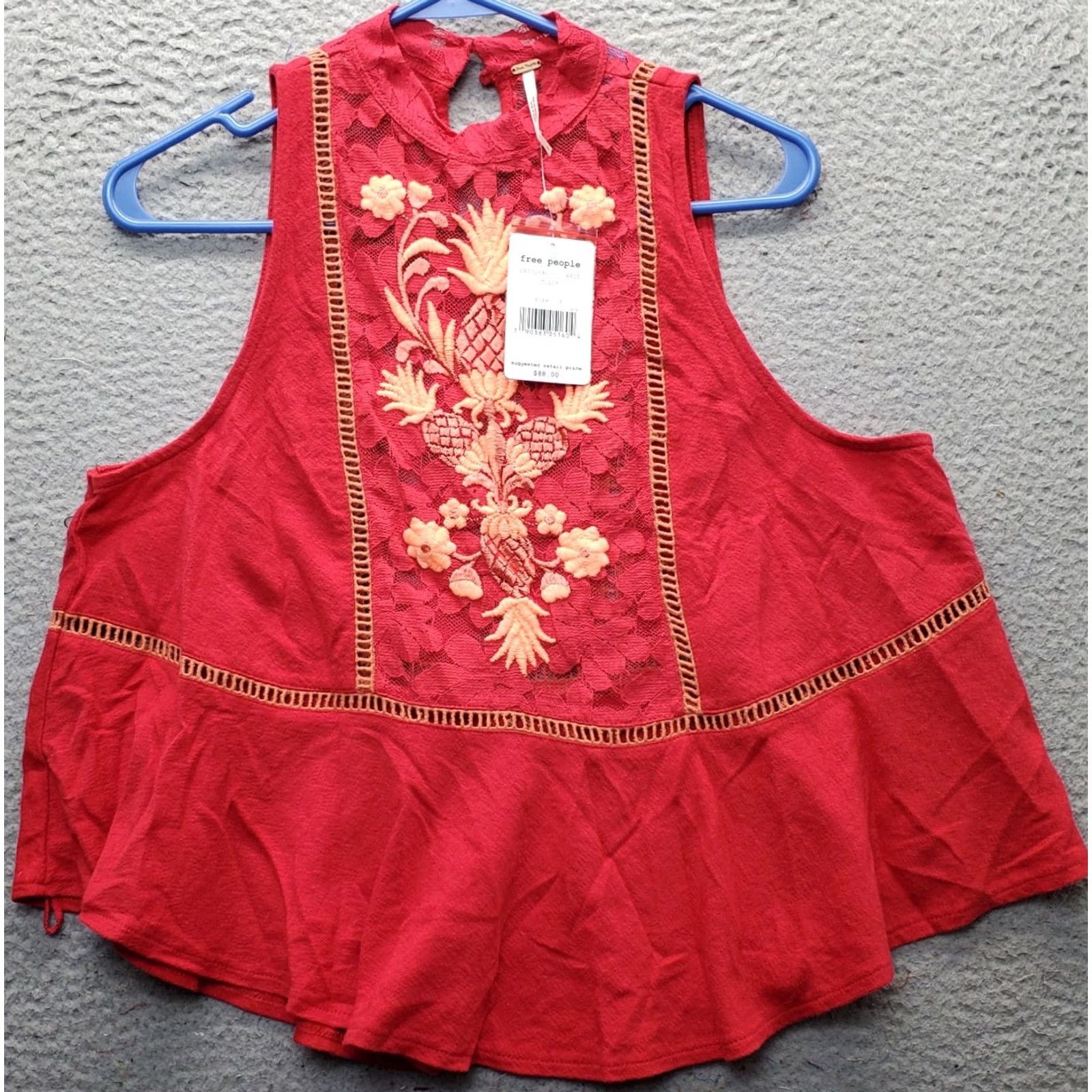 Free People Free People Tank Top Womens Size S Red Lace Embroidered Floral Mock Neck OB571890 Size S / US 4 / IT 40 - 2 Thumbnail
