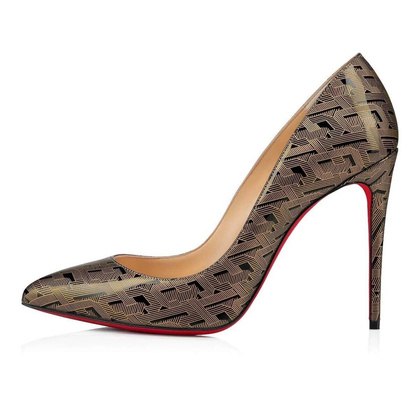 Christian Louboutin Pigalle Follies 100 Patent Black Gold CL Heel Pump Shoe 40 Size US 10 / IT 40 - 3 Thumbnail