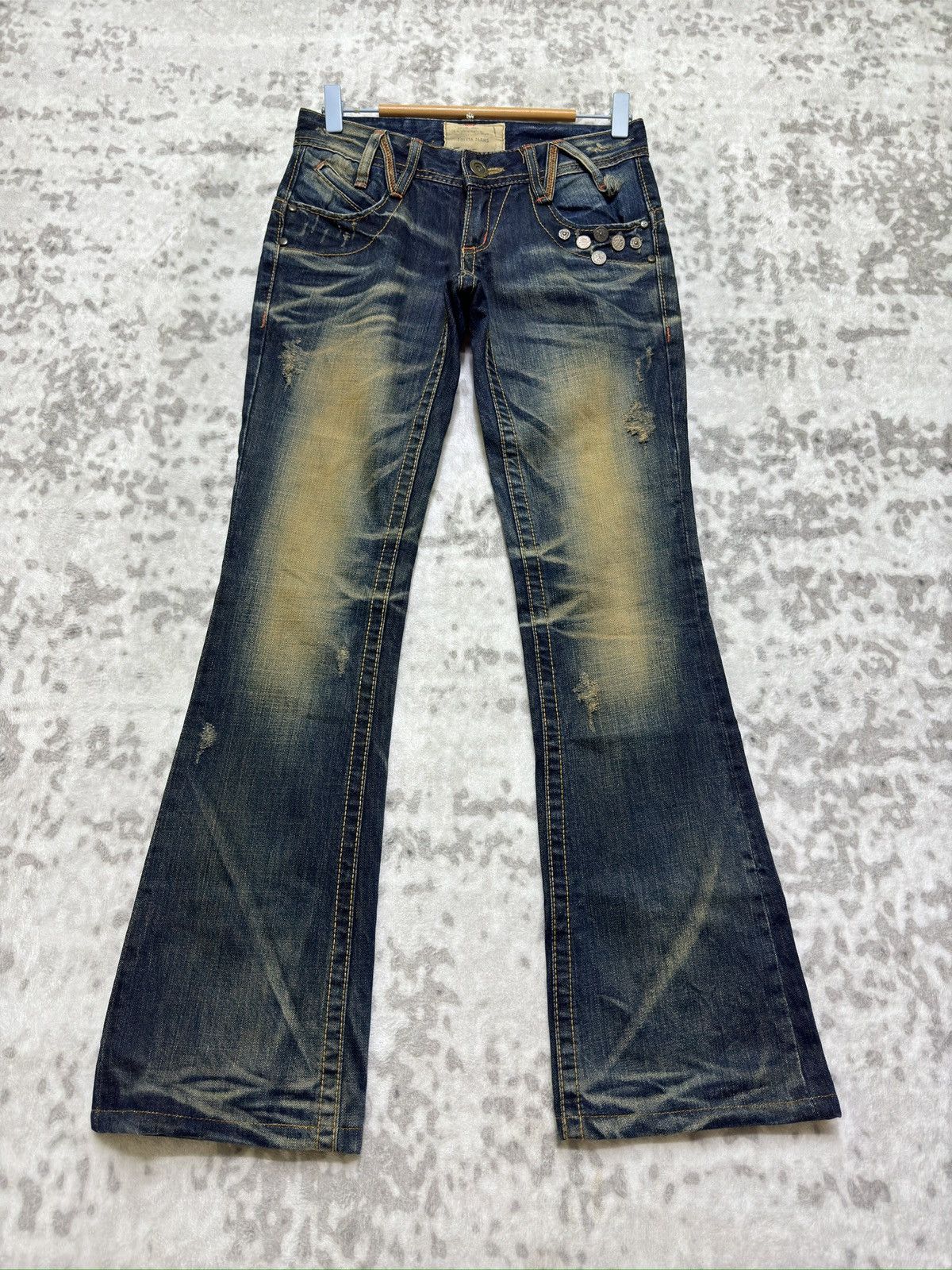 Japanese Brand Flared Lolita Jeans Muddy Wash Claw Mark Distressed Denim Size US 27 - 1 Thumbnail