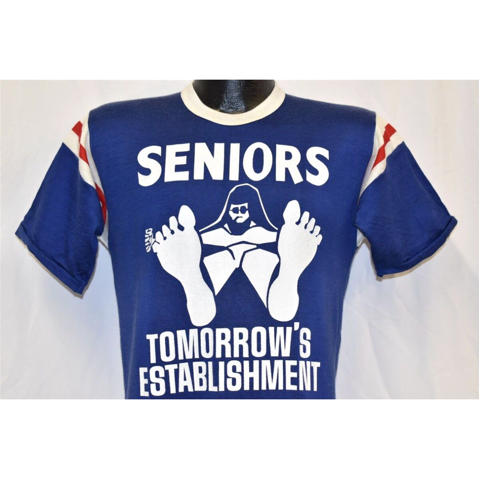 Image of Velva Sheen VTG 70's Seniors Tomorrow's Establishment Kansas 1970 Nylon Jersey Blue T-Shirt S in Wh