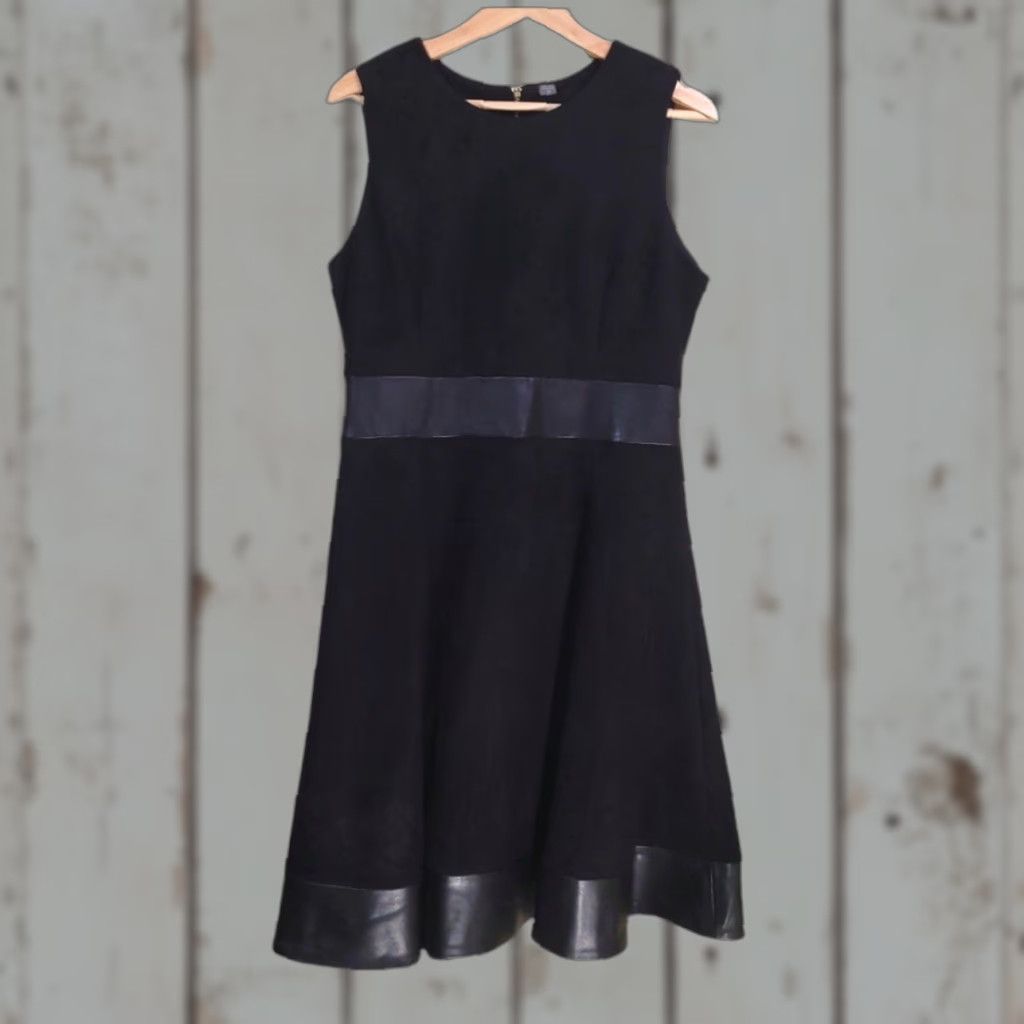 Calvin Klein Calvin Klein Fit & Flare Dress Sleeveless sz 14 Black Faux Leather Trim Faux Suede Knee Length Women Size XL / US 12-14 / IT 48-50 - 1 Thumbnail
