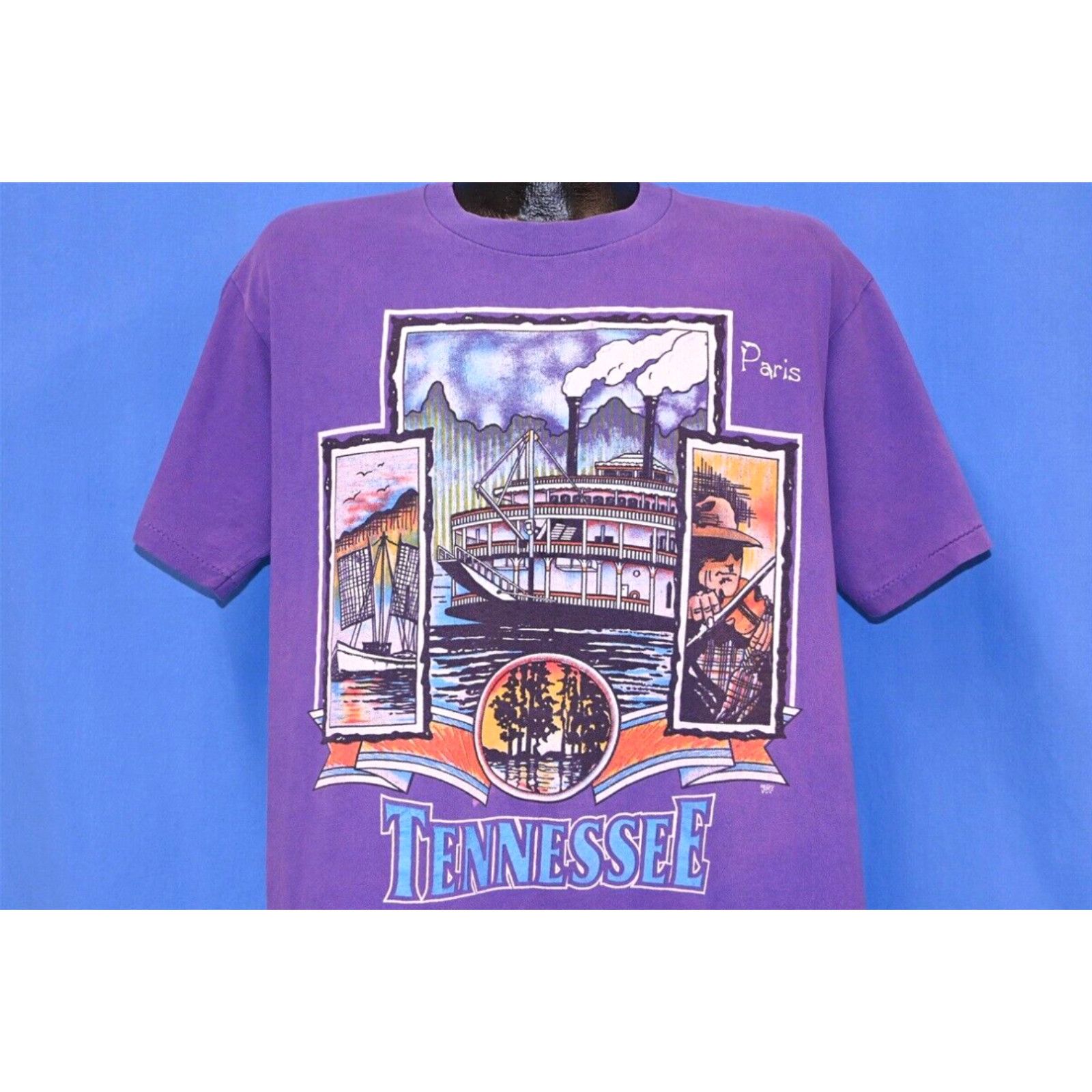 image of Vintage 90's Paris Tennessee Steamboat Fiddle Vacation Tourist Souvenir T-Shirt L in White (Size La