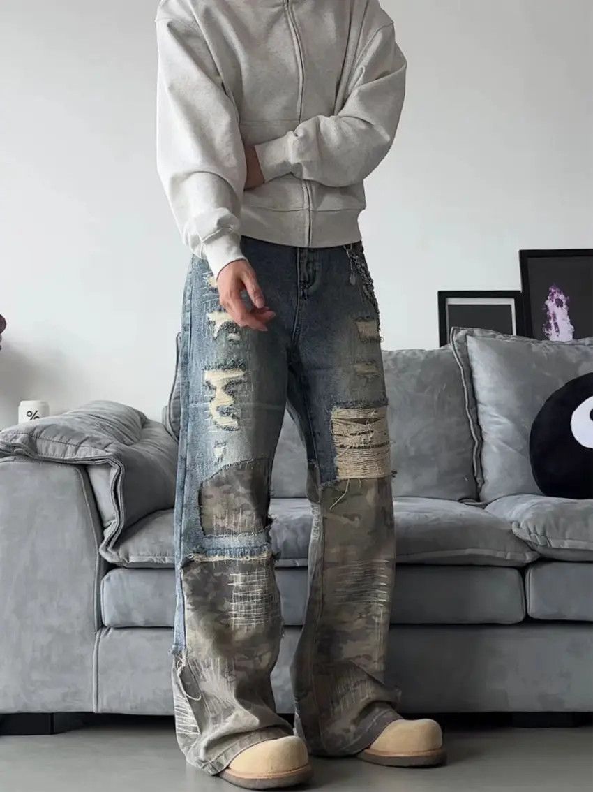 Designer × Japanese Brand Ripped Camouflage Spliced Denim Trousers Size US 31 - 1 Thumbnail