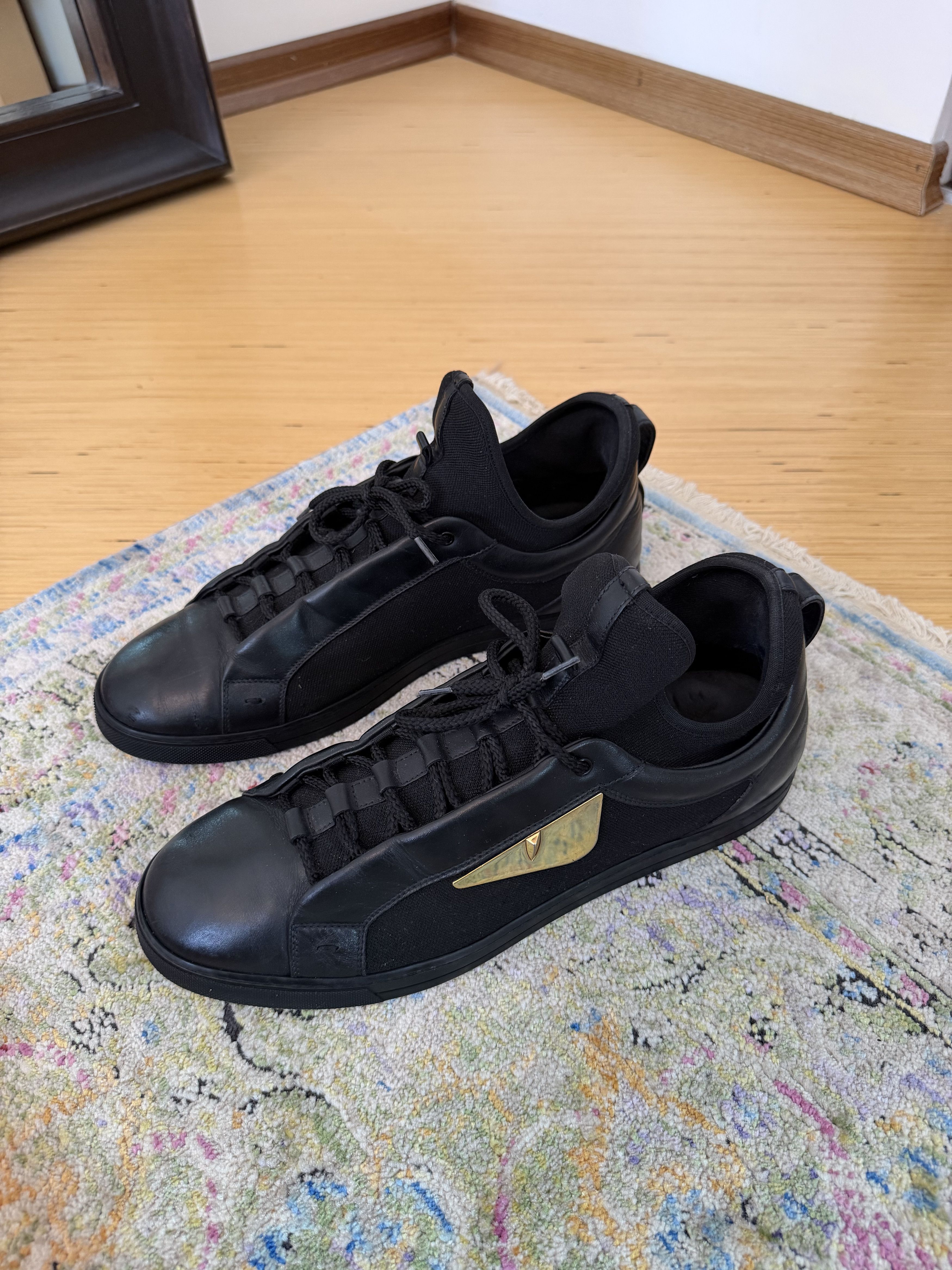 Fendi Fendi Black Leather and Fabric Monster Eye Mid Top Sneakers Size US 10 / EU 43 - 1 Thumbnail