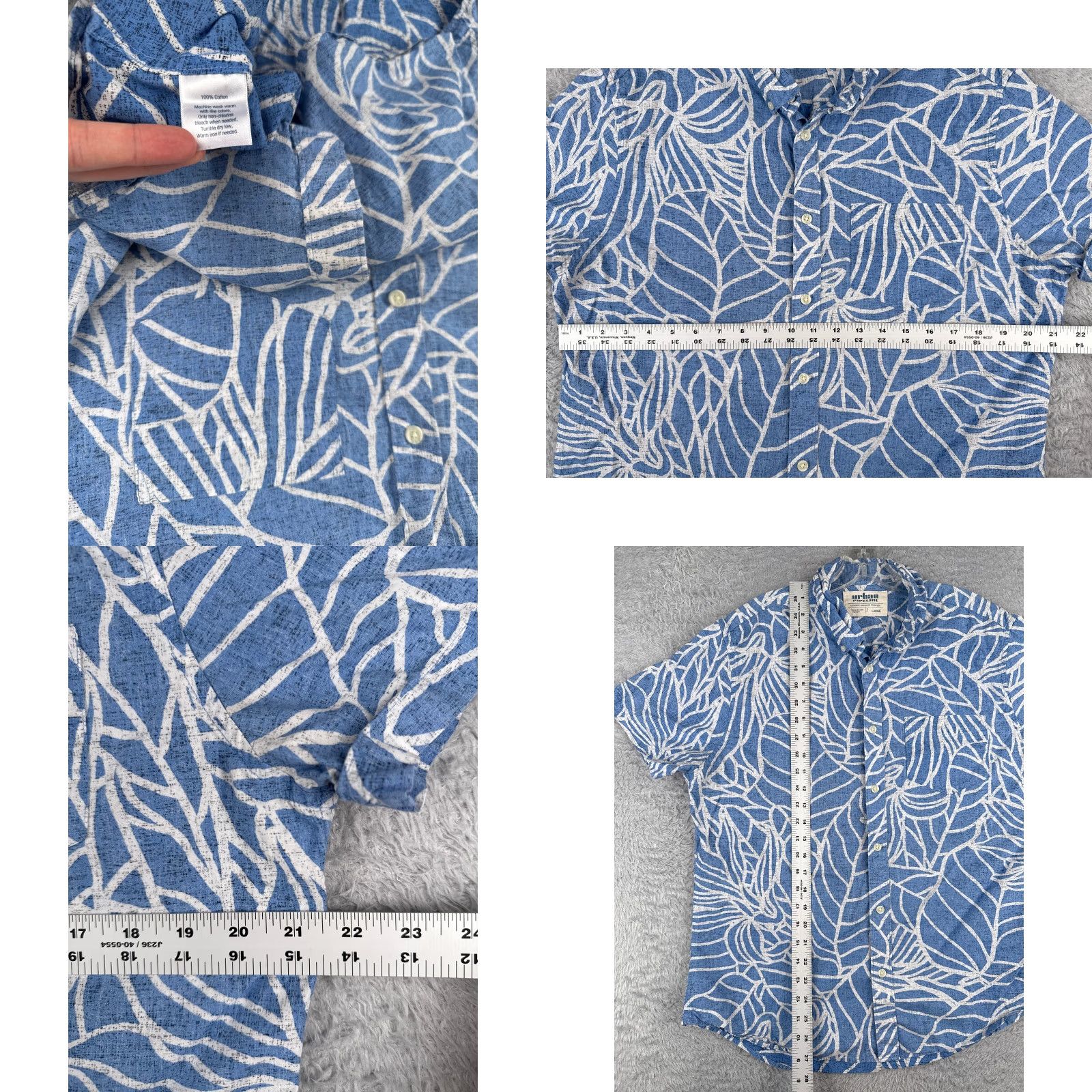 Vintage Urban Pipeline Shirt Adult Large Blue White Floral Leaf Print Cotton Hawaiian Bird Pattern Button-Up Short Sleeve Size US L / EU 52-54 / 3 - 8 Thumbnail