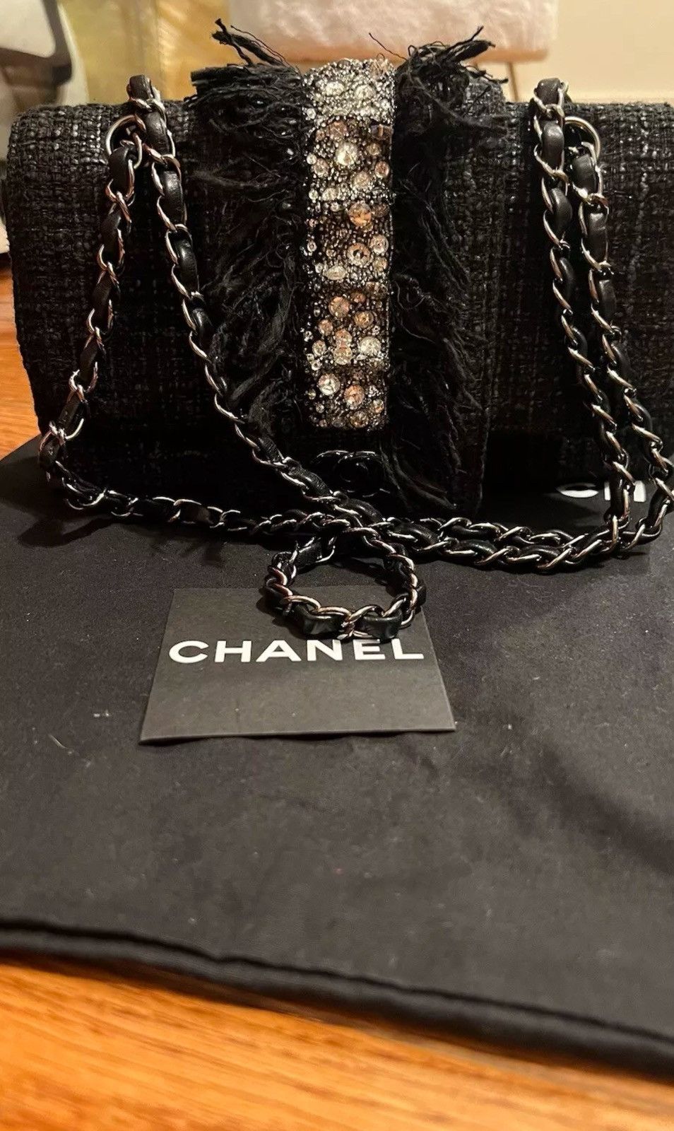 Chanel Chanel Vintage Tweed Fringle Flap Bag Black Rhinestone Size ONE SIZE - 2 Thumbnail