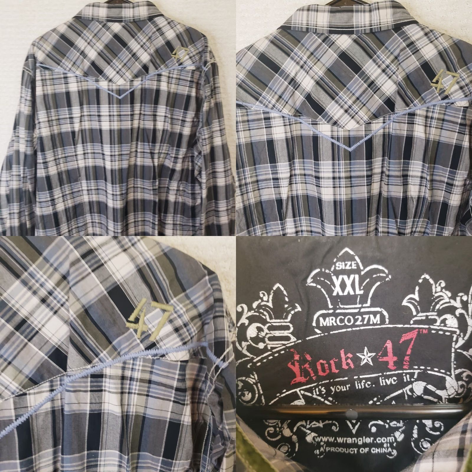47 Rock 47 Shirt Mens XXL 2XL Long Sleeve Pearl Snap Plaid Gray Black Size US XXL / EU 58 / 5 - 8 Thumbnail