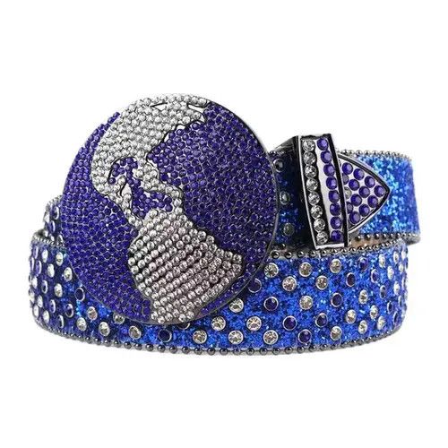 Japanese Brand × Vintage y2k blue studded rhinestone leather belt Size 38 - 1 Thumbnail