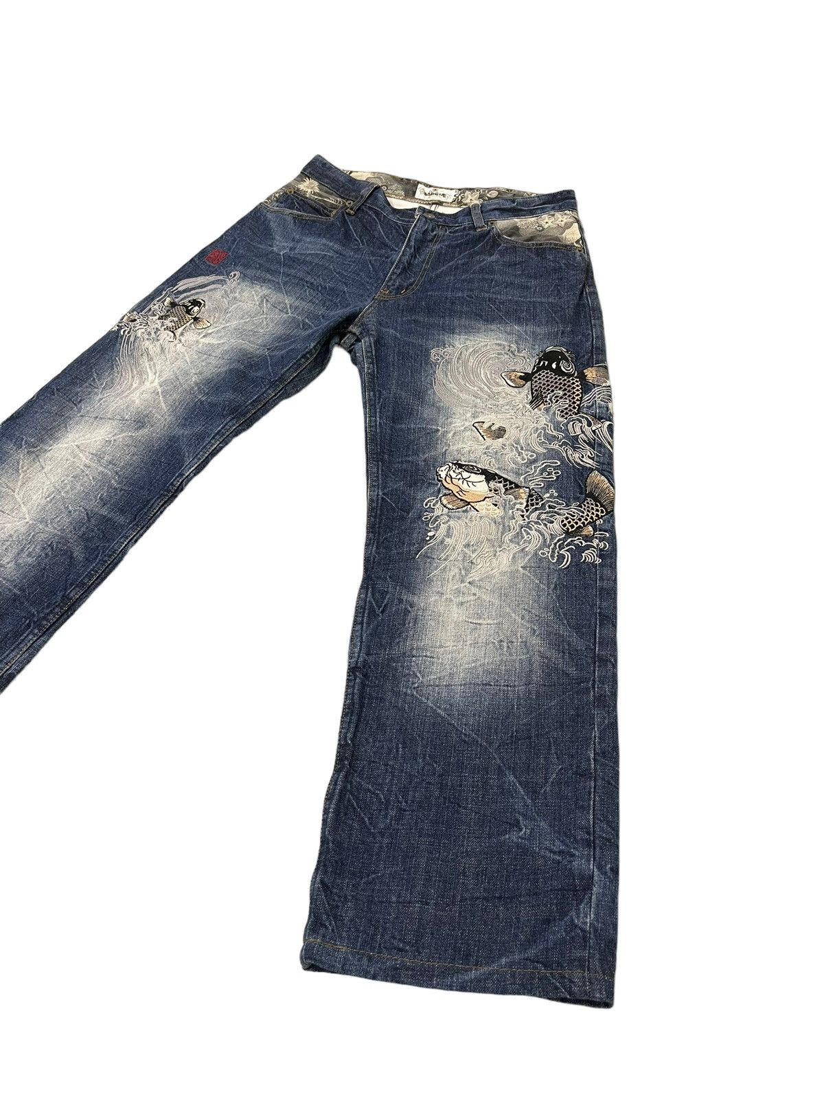 Japanese Brand Embroidery Jeans Kara Kuri Tamashi Koi Fish Regular Fit 6🟦6 Size US 31 - 3 Thumbnail