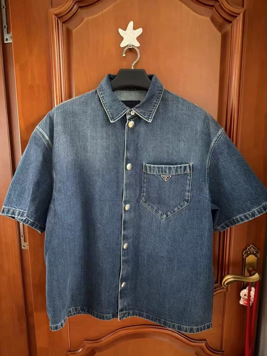 Prada Prada Triangle Logo Denim Short Sleeve Shirt Size US XL / EU 56 / 4 - 1 Thumbnail