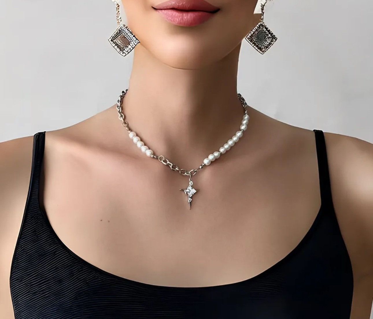 Jewelry Hip Hop Imitation Pearl Cross Necklace Size ONE SIZE - 3 Thumbnail