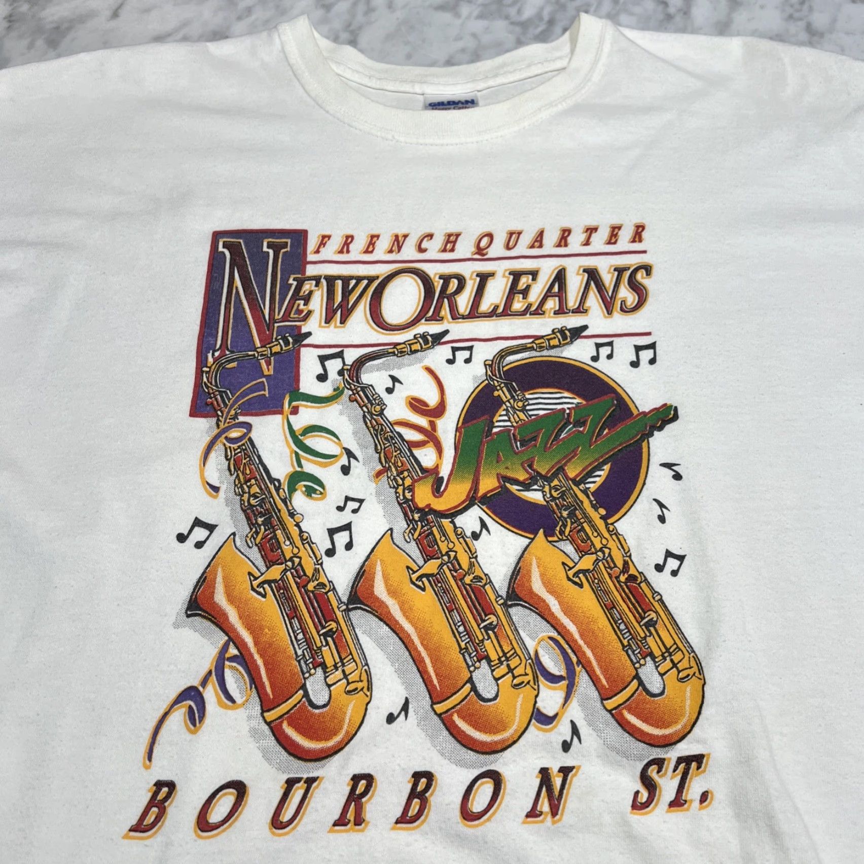 Vintage VINTAGE New Orleans Men T-Shirt XL White French Quarter Jazz Bourbon St Sax Shirt Crew Neck Short Sleeve Cotton Knit Music Size US XL / EU 56 / 4 - 2 Thumbnail