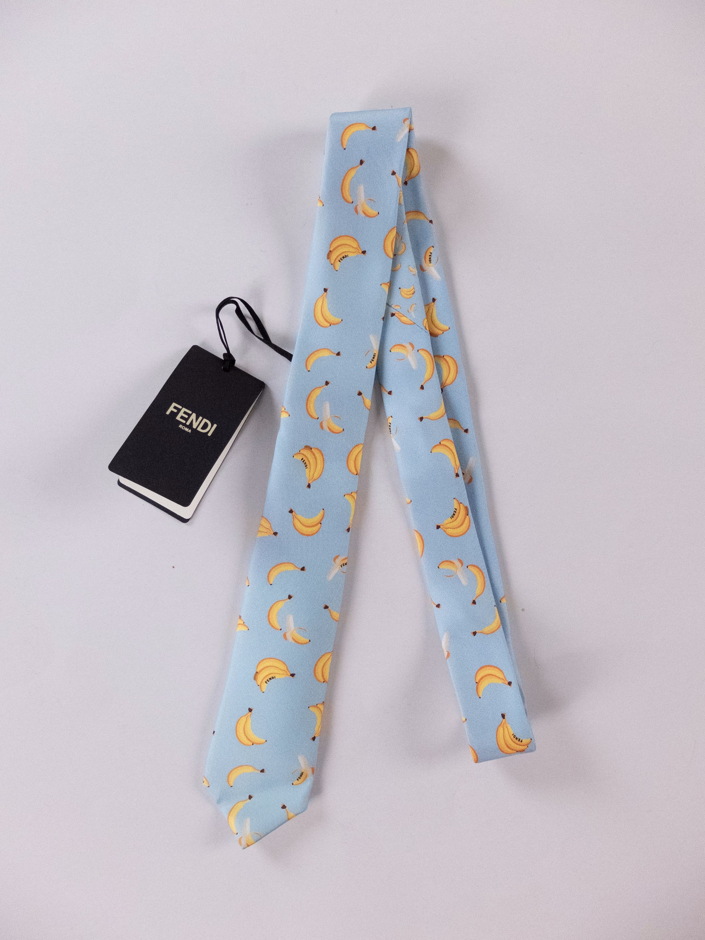 Fendi FENDI light blue & yellow banana print skinny silk tie NWT Size ONE SIZE - 1 Thumbnail