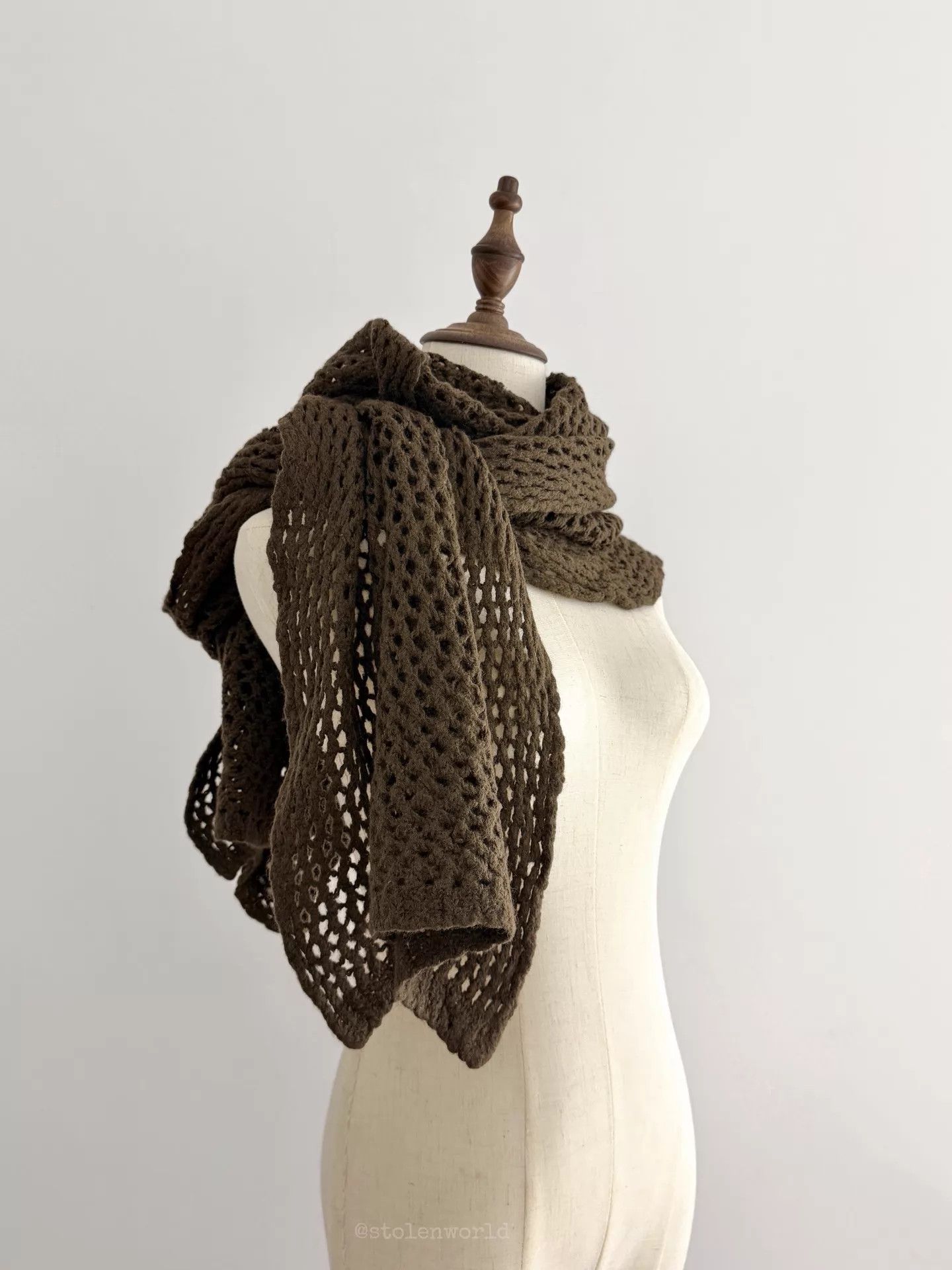 Yohji Yamamoto Yohji Yamamoto Y's Crochet Mesh Wool Scarf Moss Brown Size ONE SIZE - 3 Thumbnail