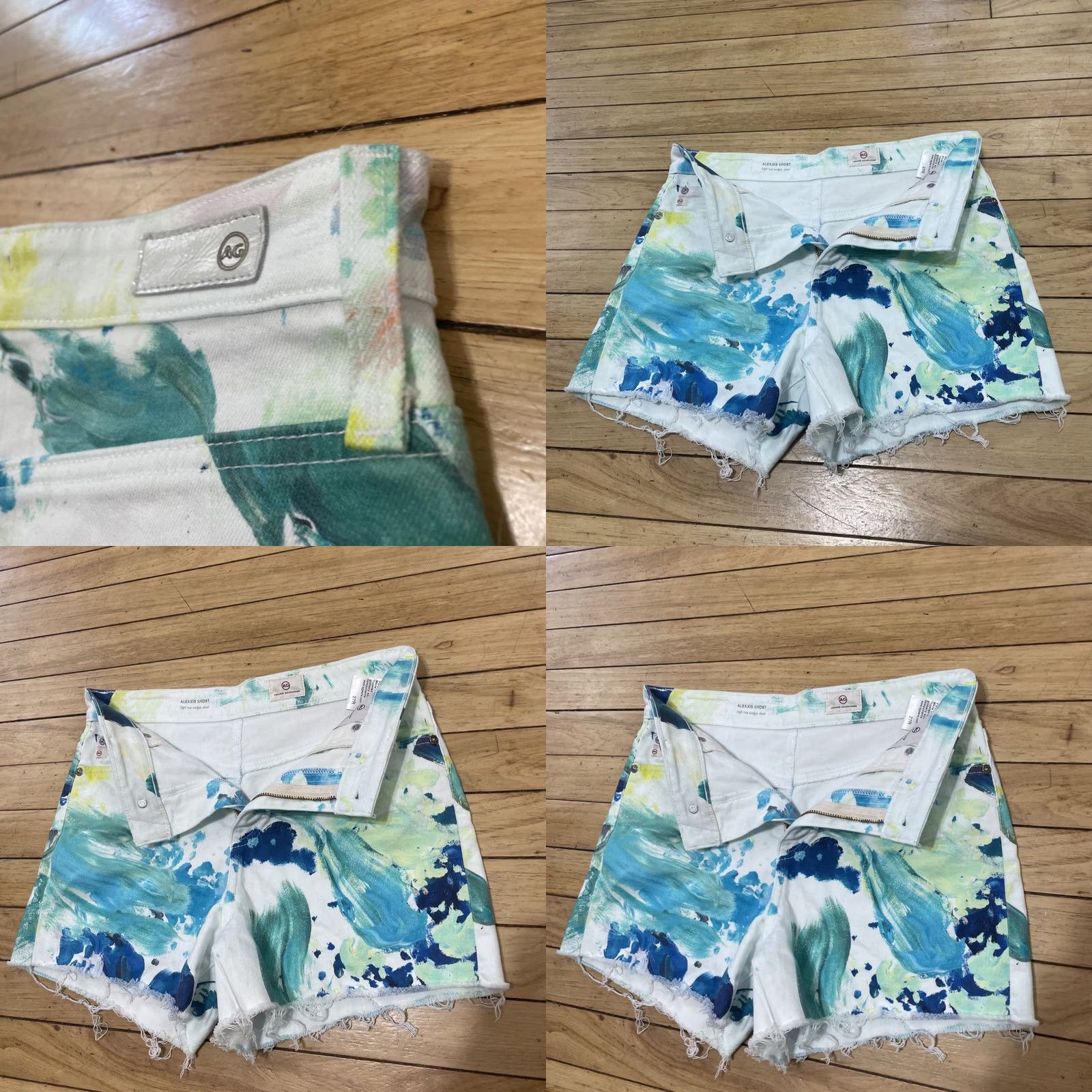 Vintage AG Adriano Goldschmied Alexxis Shorts Women 27R High Rise Wedgie White Green Art Casual Denim 5-Pocket Boho Festival 90s Mens Womens Girls Boys Size 27" / US 4 / IT 40 - 10 Thumbnail