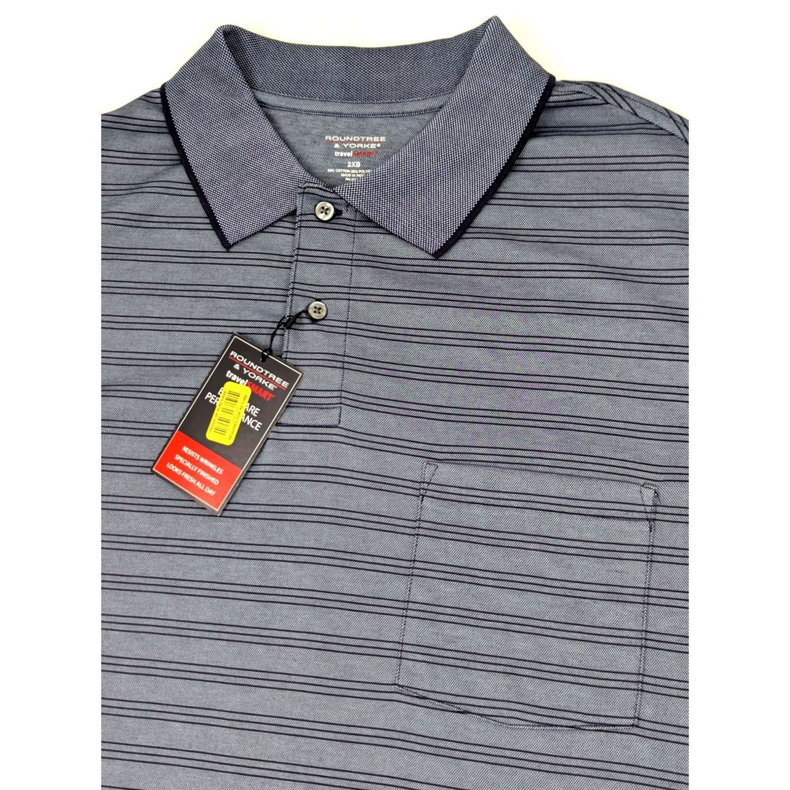 Roundtree & Yorke VINTAGE: No — Roundtree & Yorke Performance Polo Shirt Mens 2XB Blue Striped Short Sleeve Travel Golf Big & Tall Size US XXL / EU 58 / 5 - 2 Thumbnail