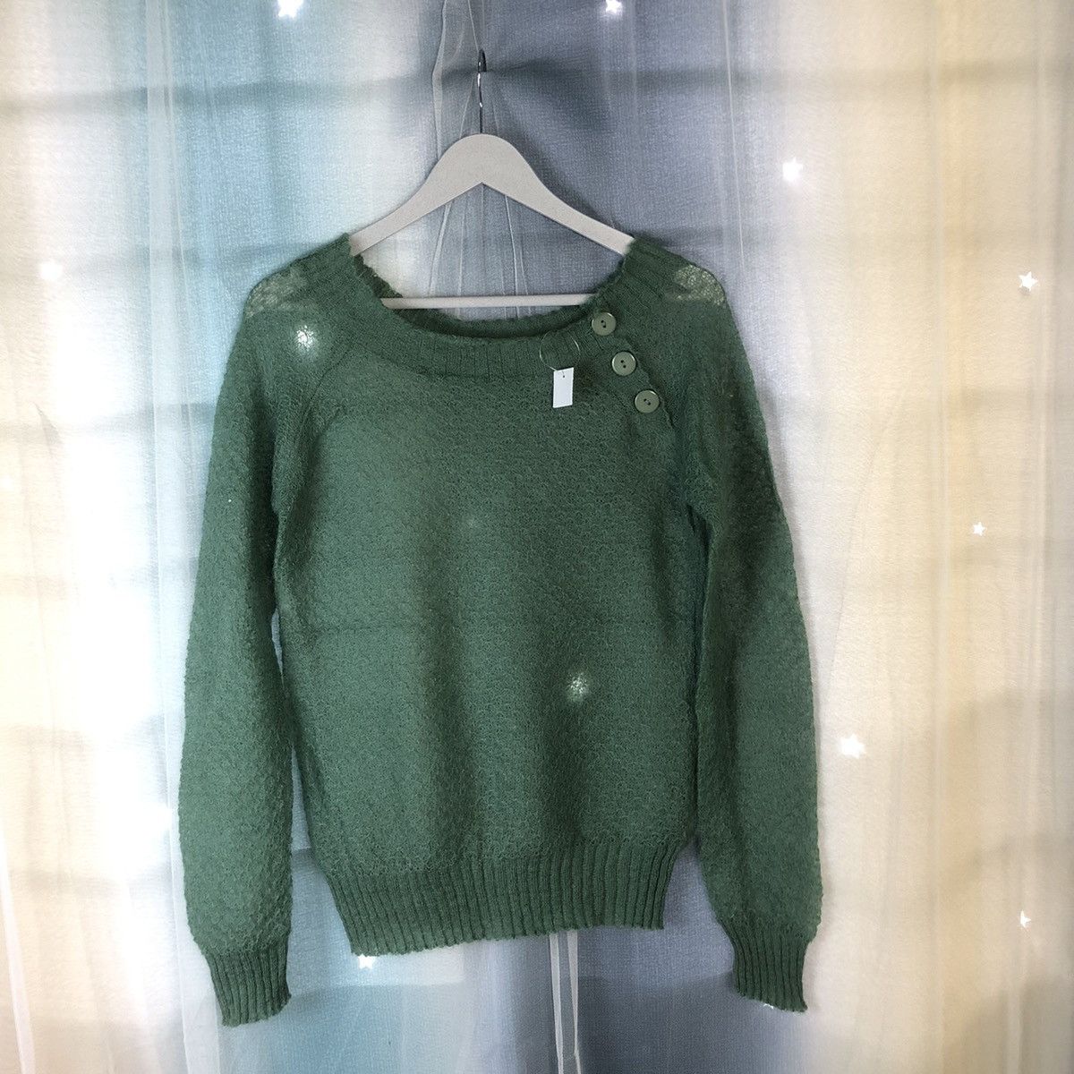 Homespun Knitwear R OH Green Mesh Net Crochet Green Knitwear #7404 Size S / US 4 / IT 40 - 1 Thumbnail