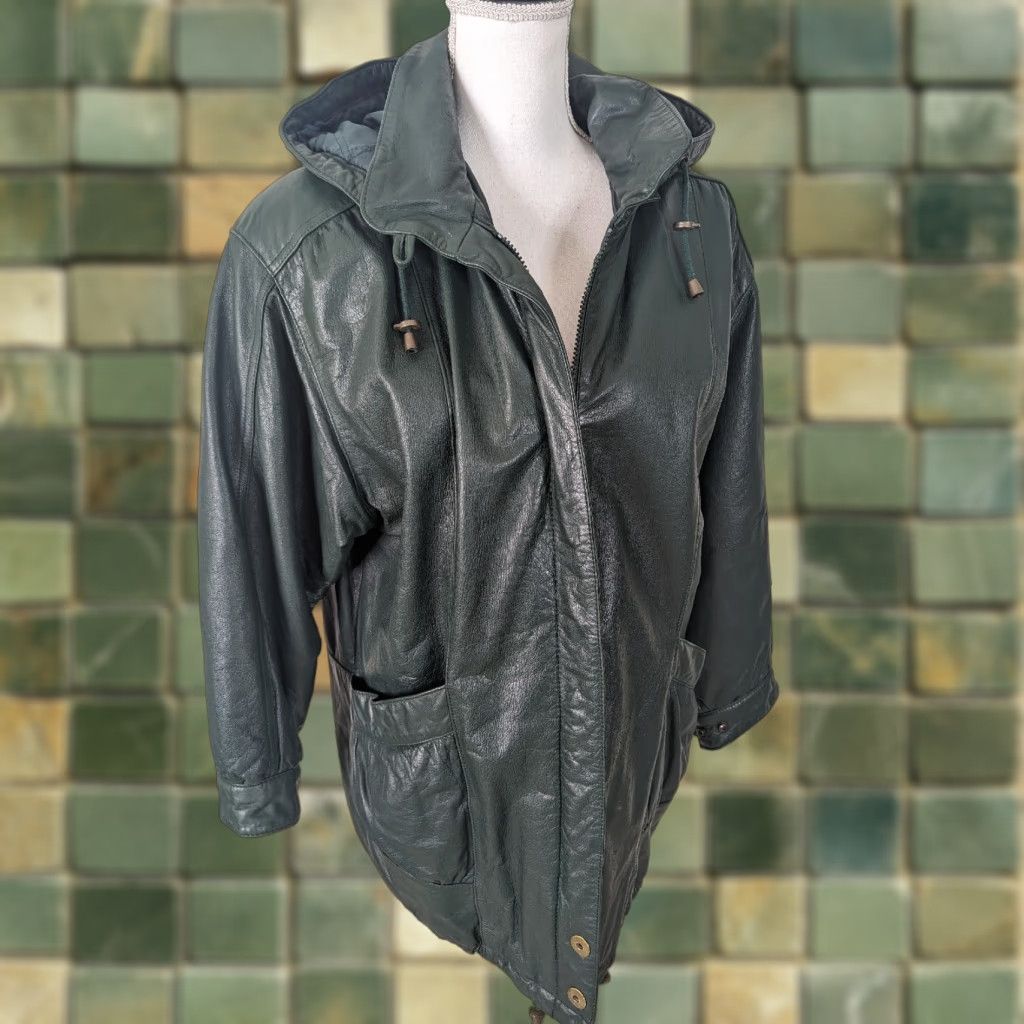 Vintage VINTAGE Green Leather Hooded Relaxed Fit Parka Jacket Coat Women M Parka Jacket Coat Women's Medium Leather Zip Lined Shoulder Pads USA 80s 90s Size M / US 6-8 / IT 42-44 - 1 Thumbnail