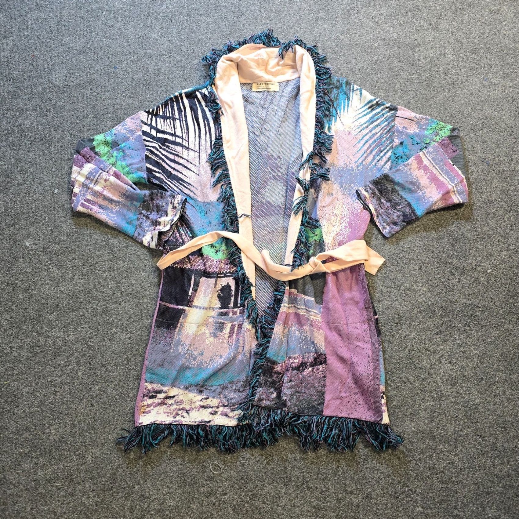 Anthropologie Aldomartins Cardigan Women Size Small Belted Fringed Moira Geometric Knit Sweater Blue Size S / US 4 / IT 40 - 2 Thumbnail