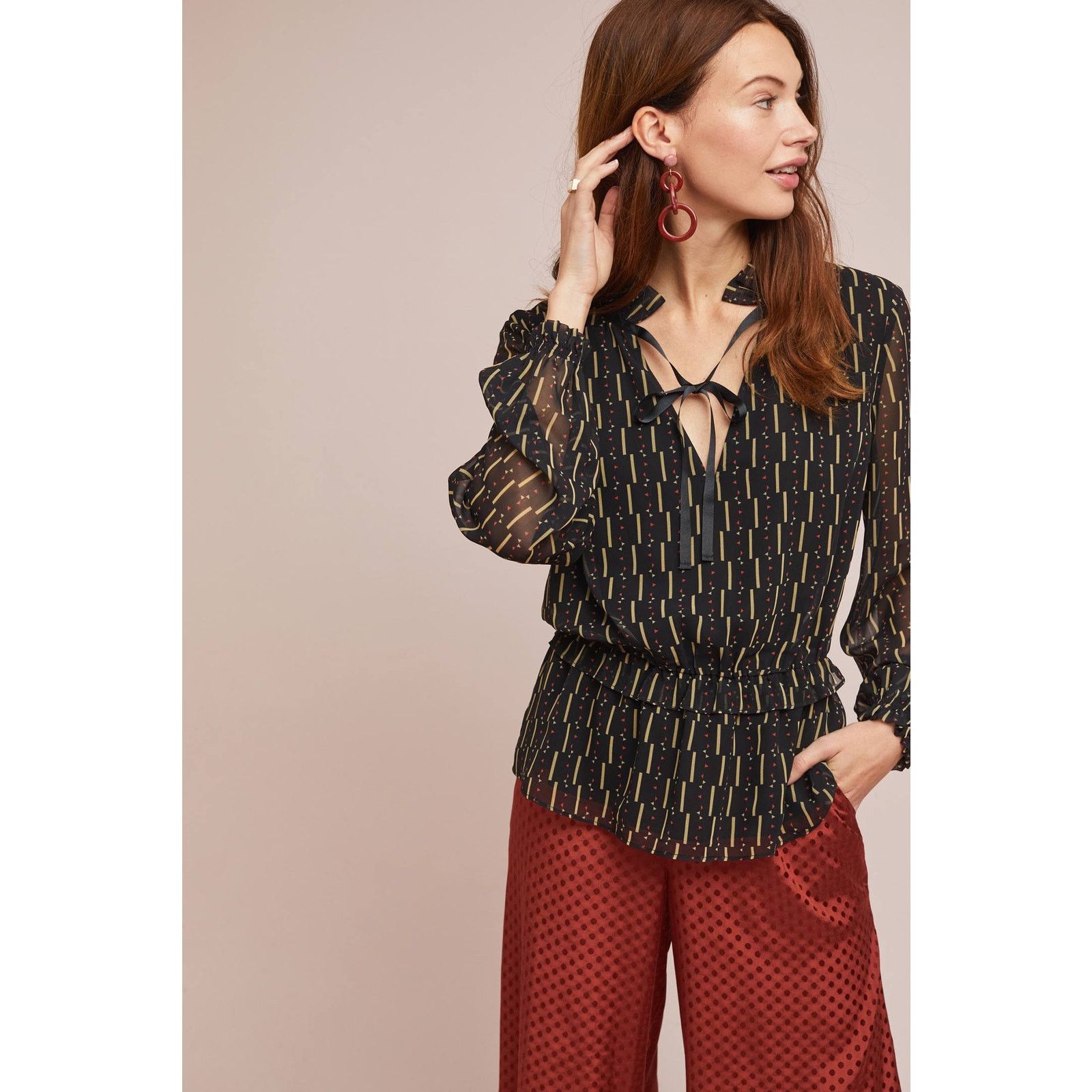 Anthropologie New Anthropologie Kiara Blouse by Laia $148 BLACK Small Geo Size S / US 4 / IT 40 - 1 Thumbnail