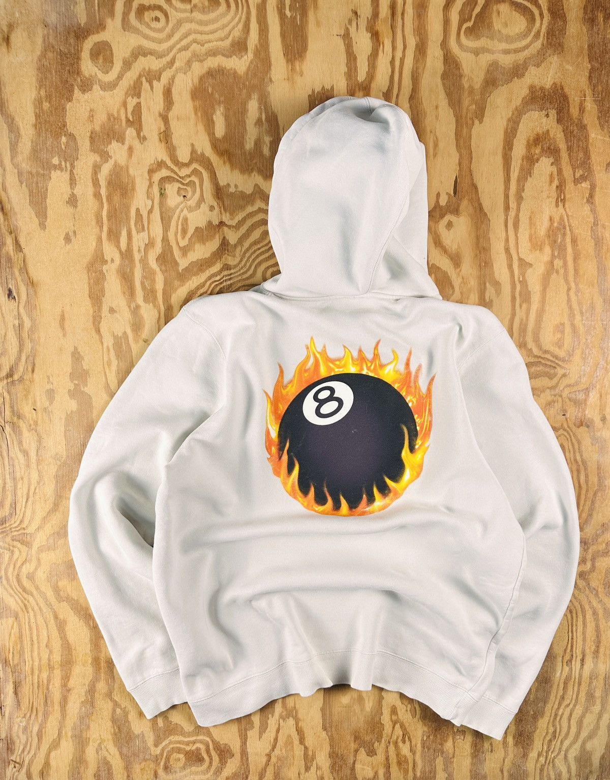 Stüssy Bone white hoodie with Ball onfire logo
