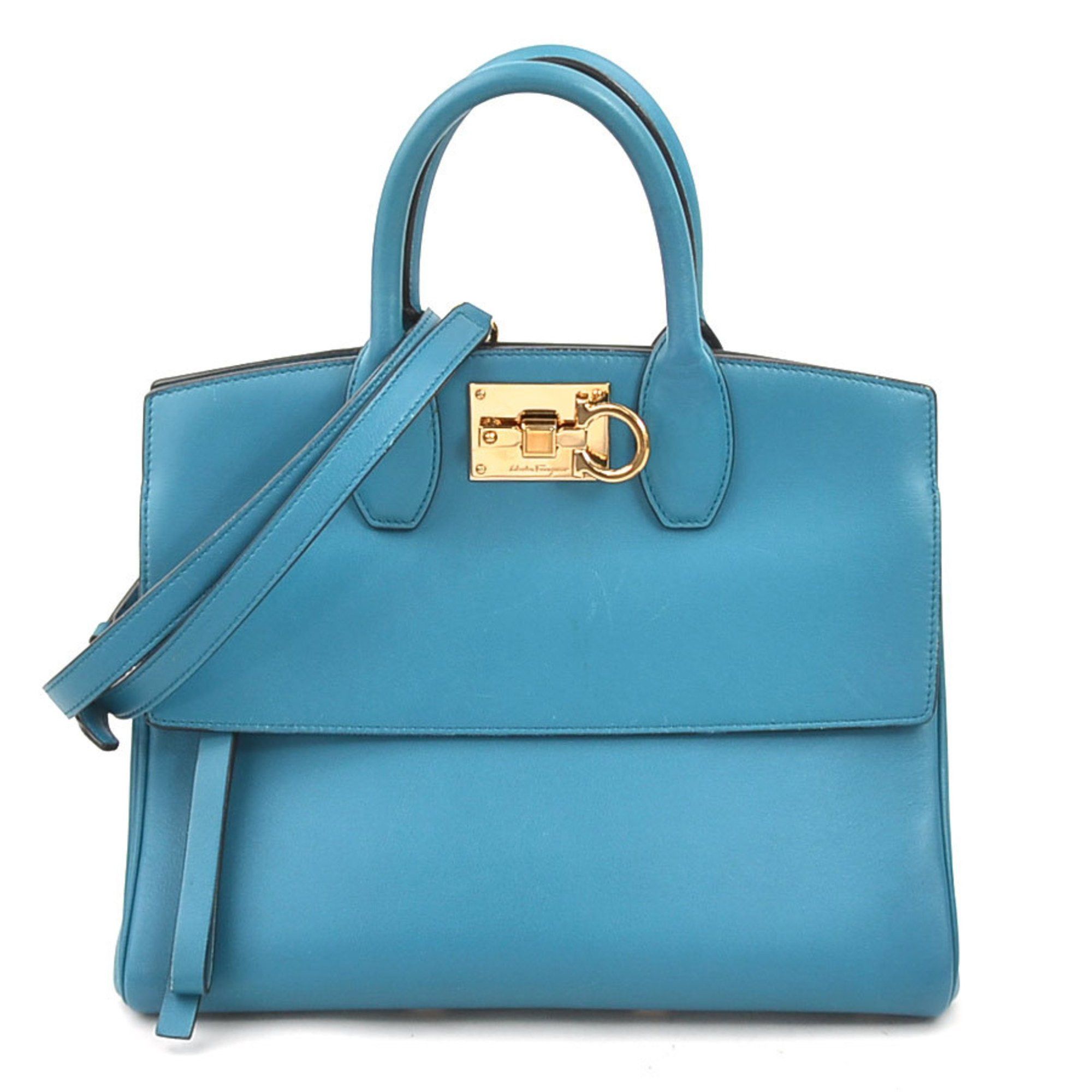 Salvatore Ferragamo Handbag Shoulder Bag Gancini Leather Blue Gold Ladies W1145G, Women's
