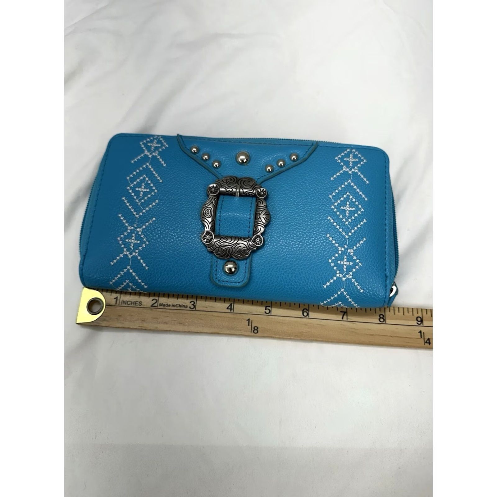 Vintage Unbranded Wallet Turquoise Southwestern Buckle Stitched Studded Zip Crossbody Women's Medium Turquoise Aztec Western Mens Womens Girls Boys Size ONE SIZE - 5 Thumbnail