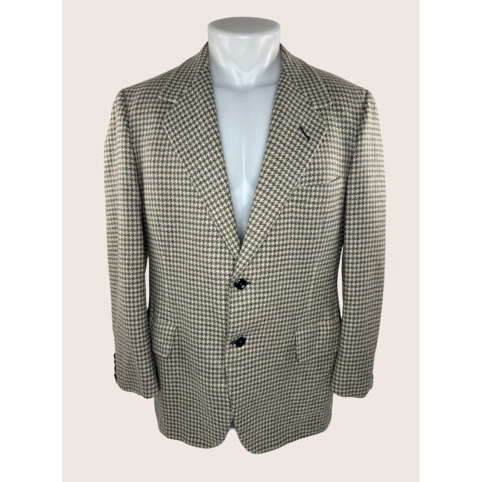 Vintage OXXFORD CLOTHES - Crown Cashmere - Houndstooth Wool Blazer Jacket 42 Mens Beige / Slightly Greenish Gray Size 42R - 1 Thumbnail
