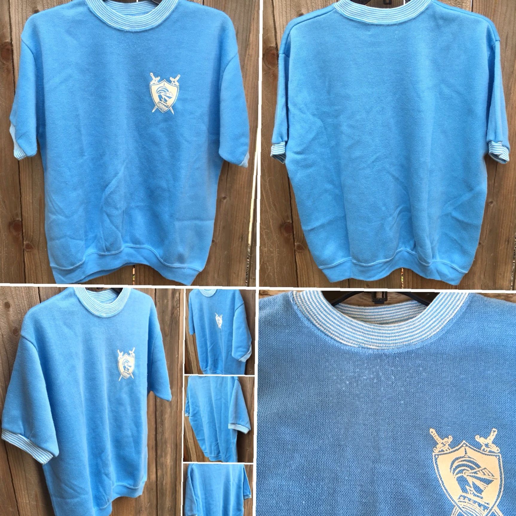 Vintage VINTAGE 1960s 1970s Creslan Acrylic Knit Short Sleeve Sweatshirt Knight Crest Rockabilly True Vintage Casuals Of Creslan L Blue Mens Shirt Size US L / EU 52-54 / 3 - 7 Thumbnail