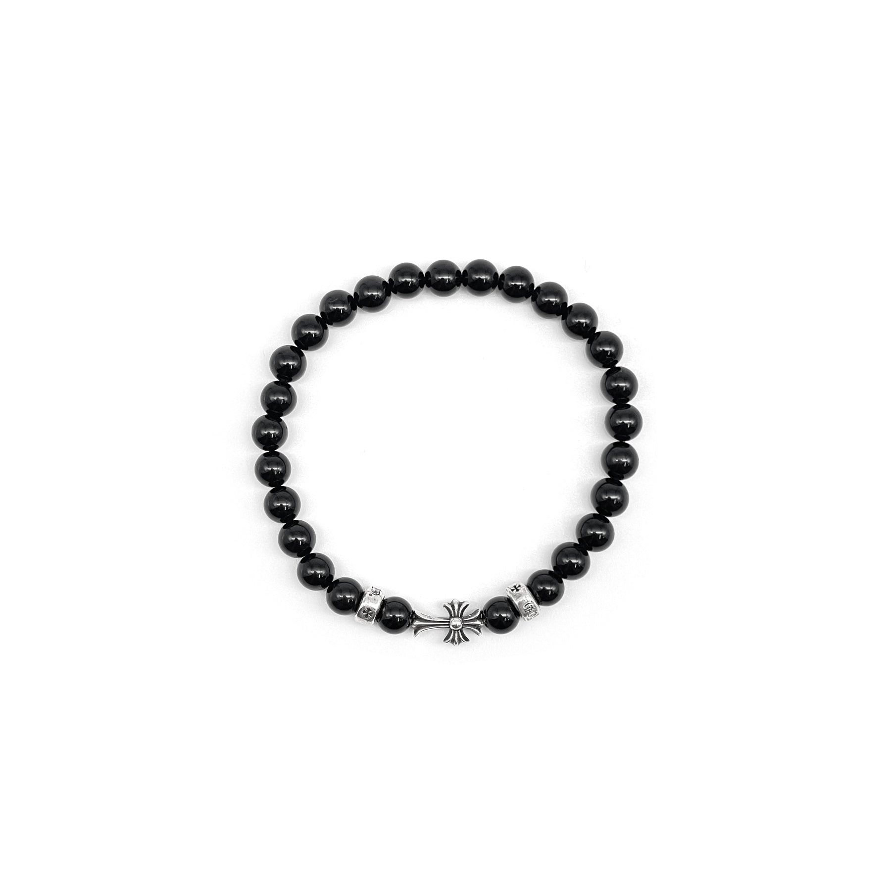 Chrome Hearts Chrome Hearts 6mm Obsidian 3 Silver Cross Bracelet Size ONE SIZE - 1 Thumbnail