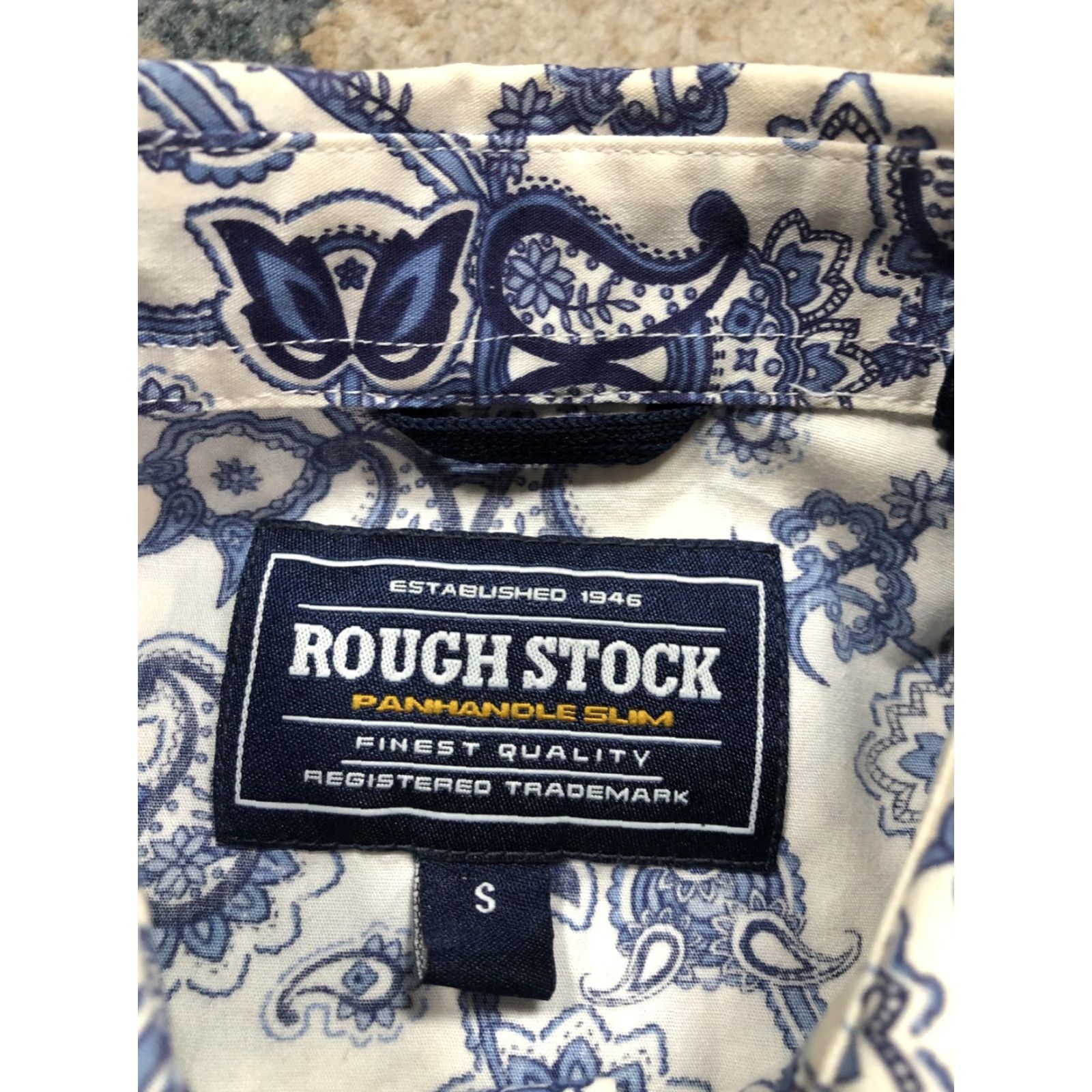 Vintage Rough Stock Shirt Mens Small Blue Paisley Western Pearl Snap Cowboy Long Sleeve Size US S / EU 44-46 / 1 - 7 Thumbnail